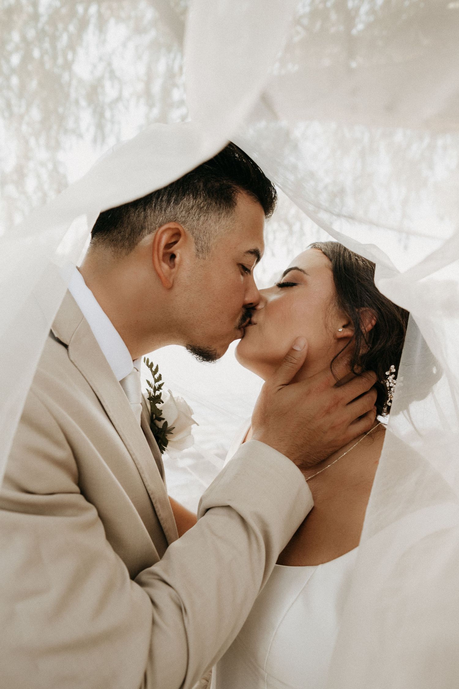 A romantic wedding couple shares a tender kiss under a flowing white veil in a soft, dreamy setting.