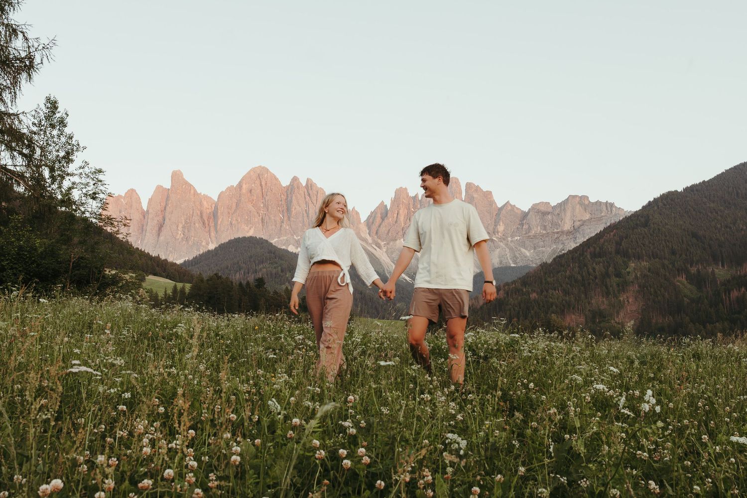 Scenic mountain landscape in the Dolomites, Italy with wildflower meadow and jagged peaks at golden hour.