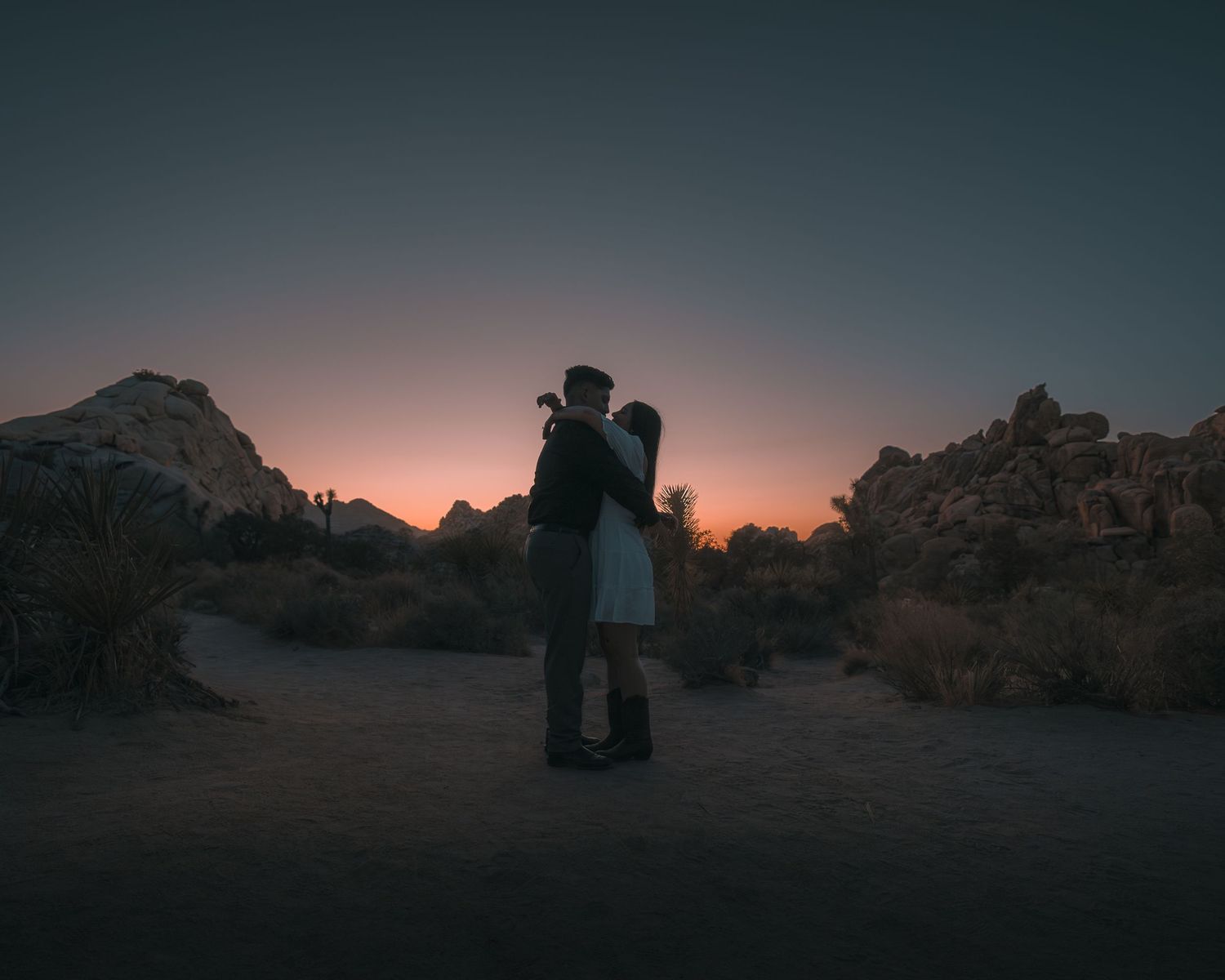 Silhouetted figures against desert sunset with rocky formations in background.