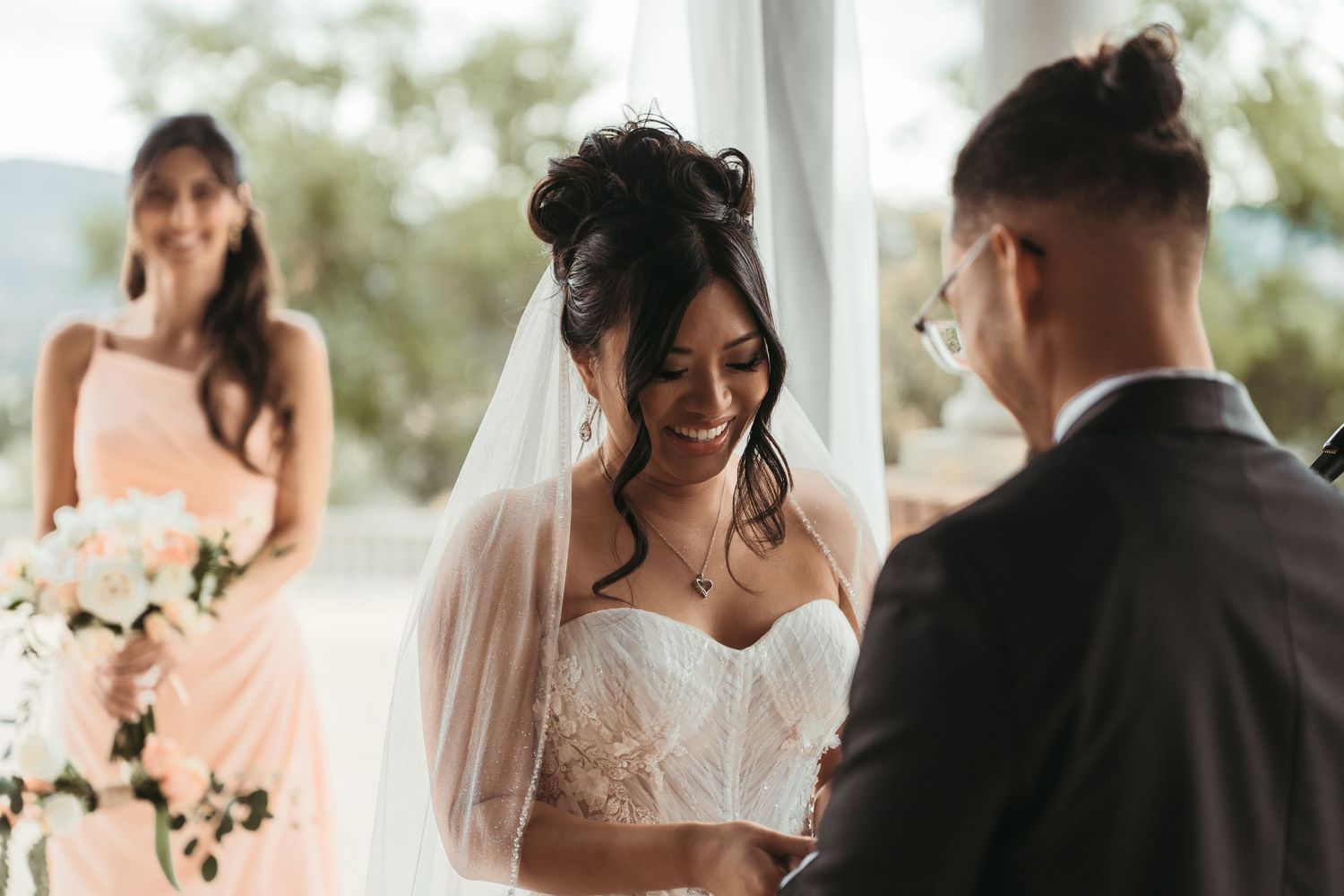 A series of romantic wedding photos showing intimate moments between the bride and groom in an outdoor setting.