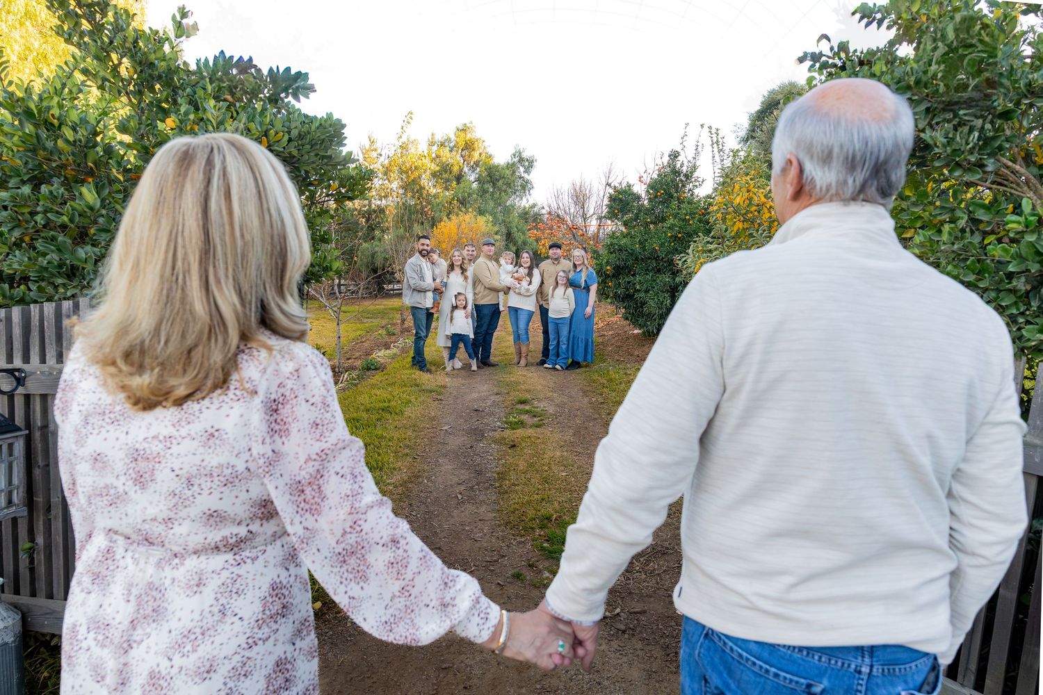 Multi-generational walk along a tree-lined path during a sunset photoshoot.