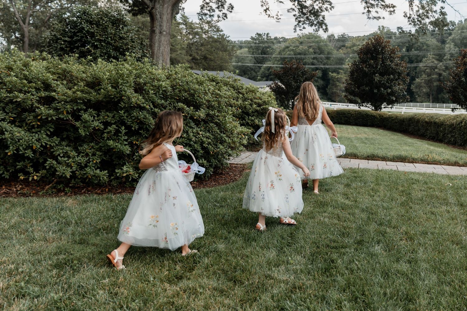 Ethereal wedding photography scene on a grassy lawn with white dresses visible in the distance.