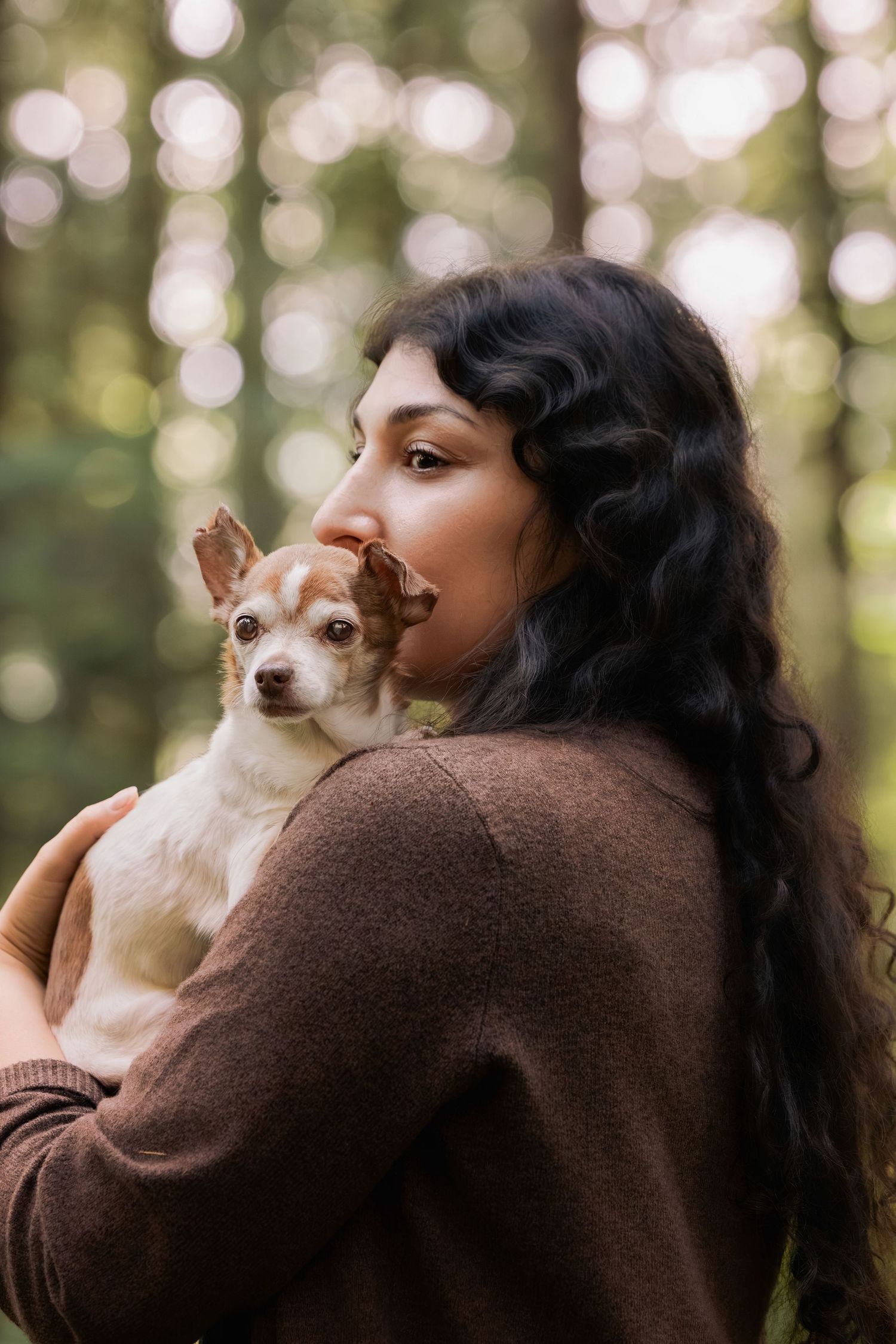 Young woman with dark curly hair holding a small Chihuahua dog in a sunlit forest setting.