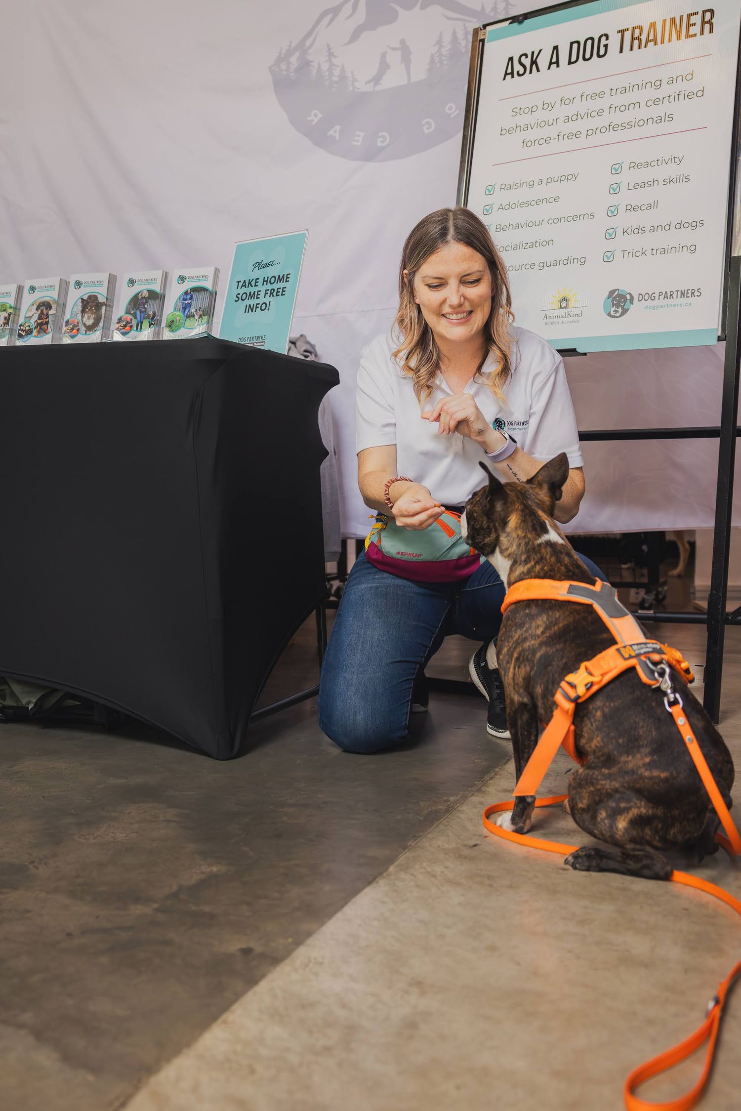 A dog trainer kneels to treat a brindle dog in an orange harness at an Ask A Dog Trainer booth.