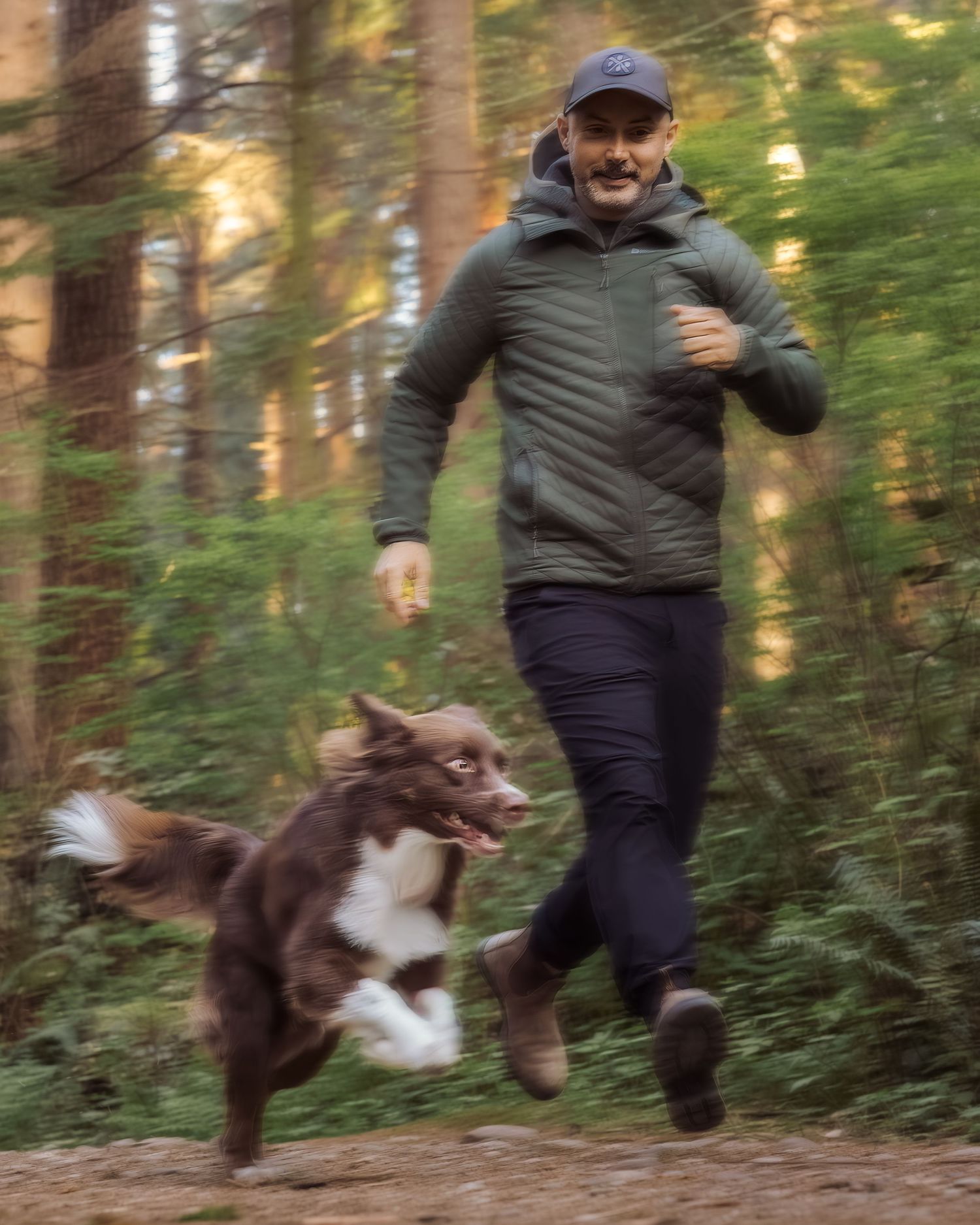 Man in green jacket running with a brown and white Border Collie dog on a forest trail.