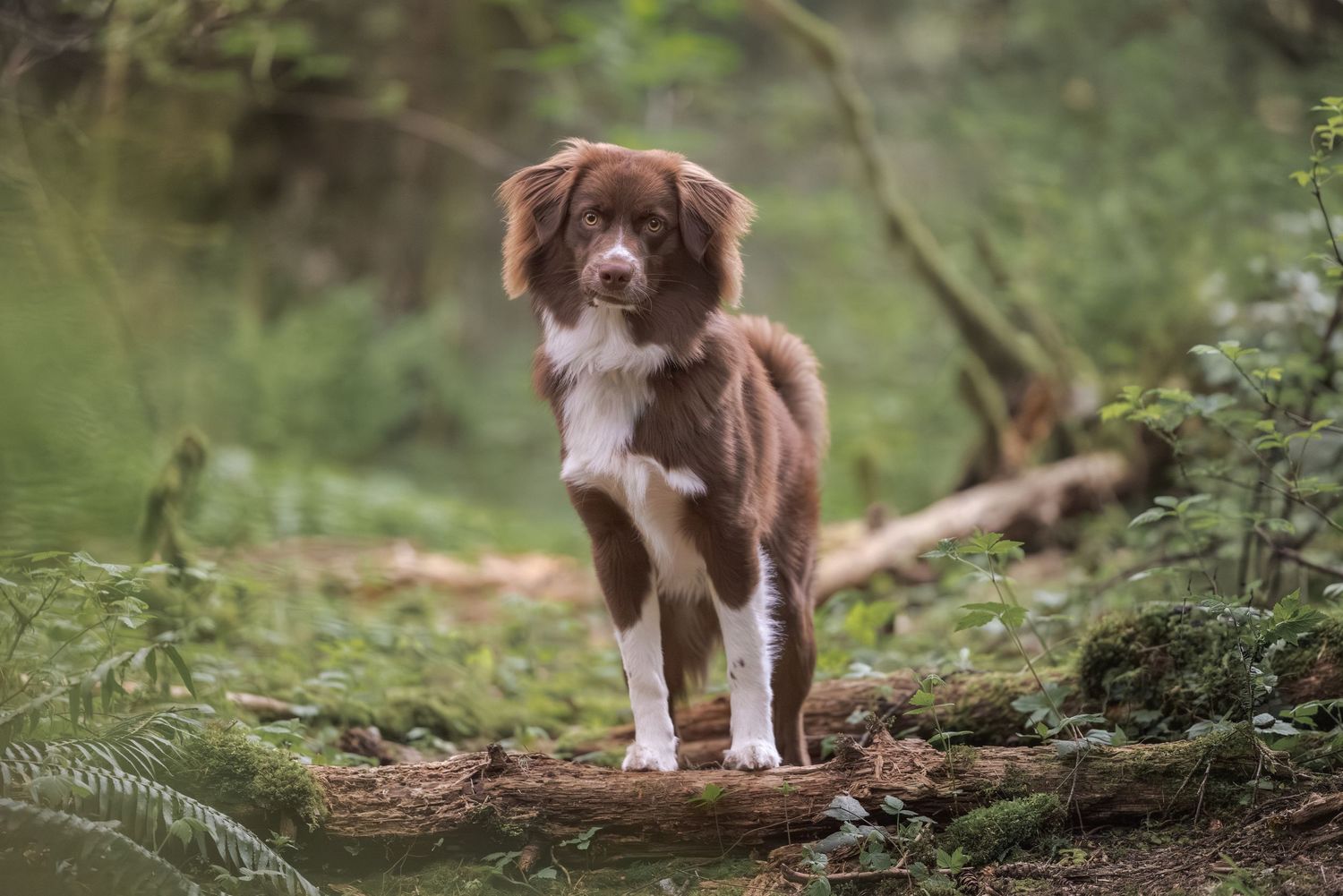 A brown and white Border Collie dog stands alert on a mossy log in a lush green forest.