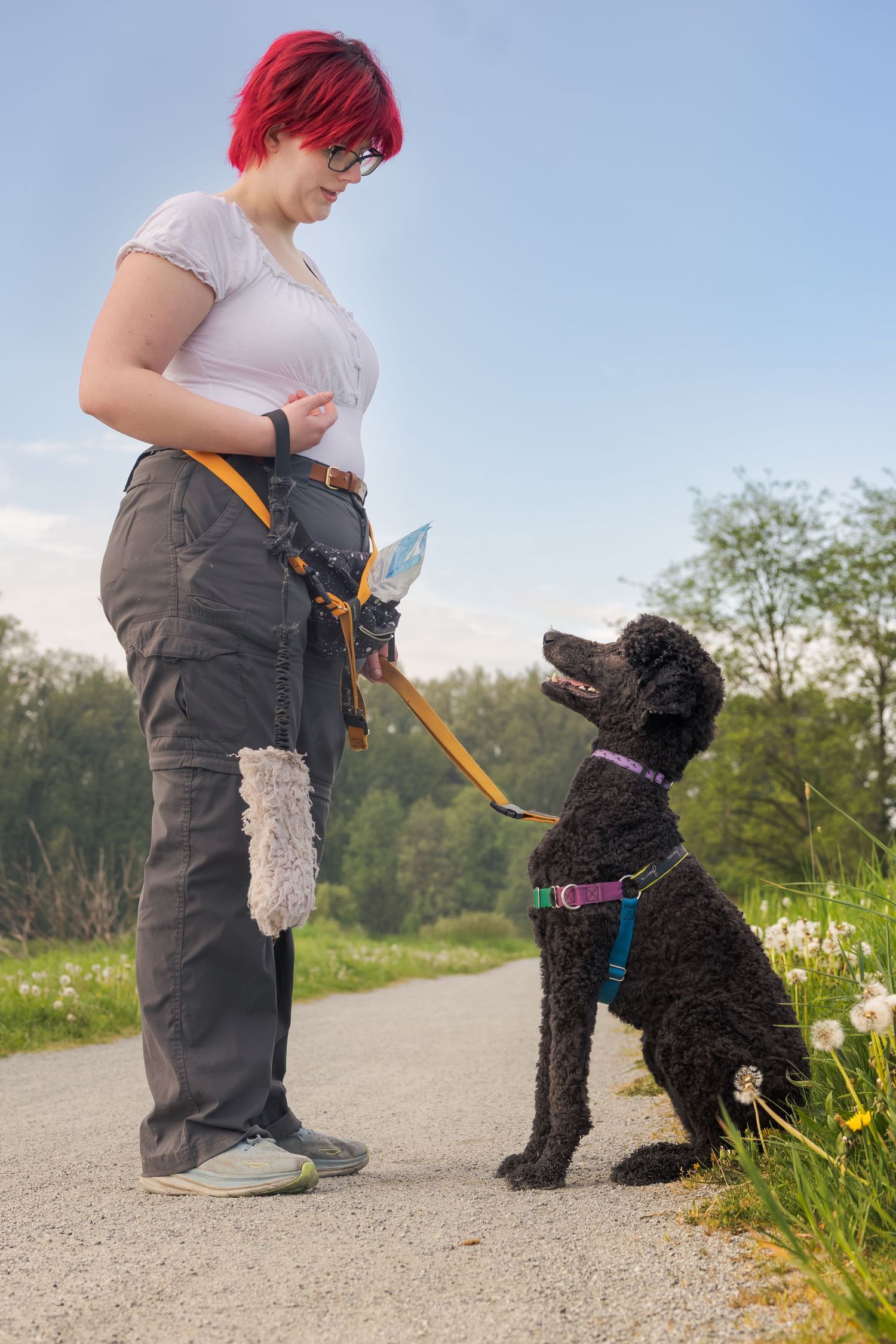 Red-haired woman training a black poodle on a leash outdoors on a path surrounded by greenery.