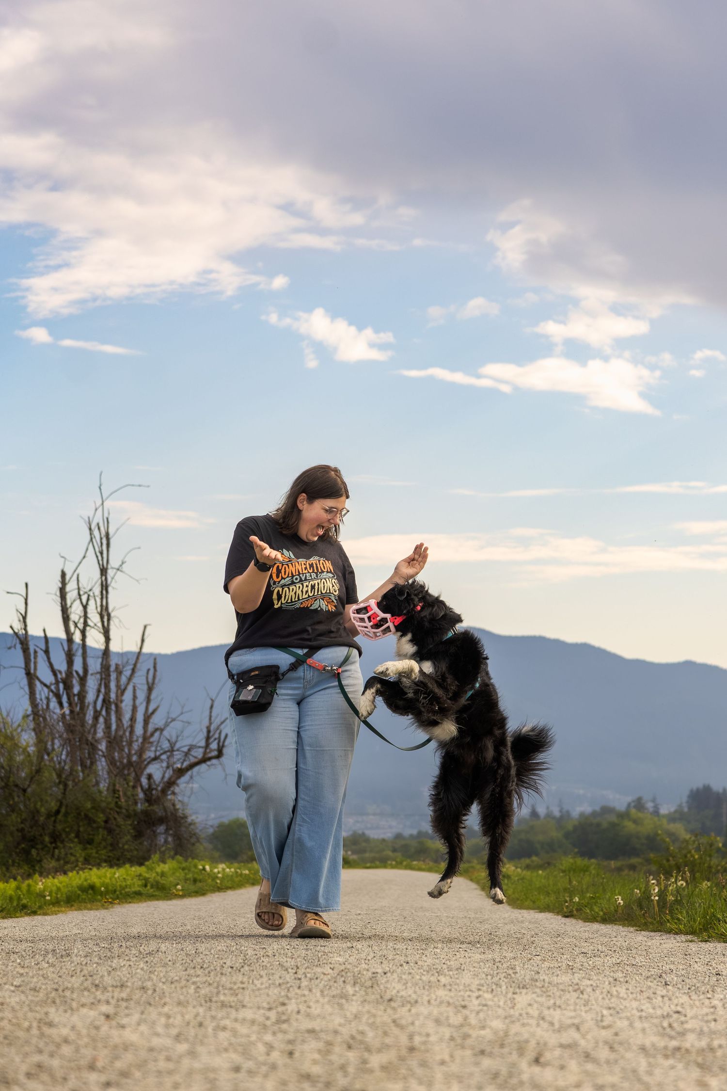 Woman in jeans plays with a jumping black and white Border Collie on a scenic mountain road under a cloudy sky.