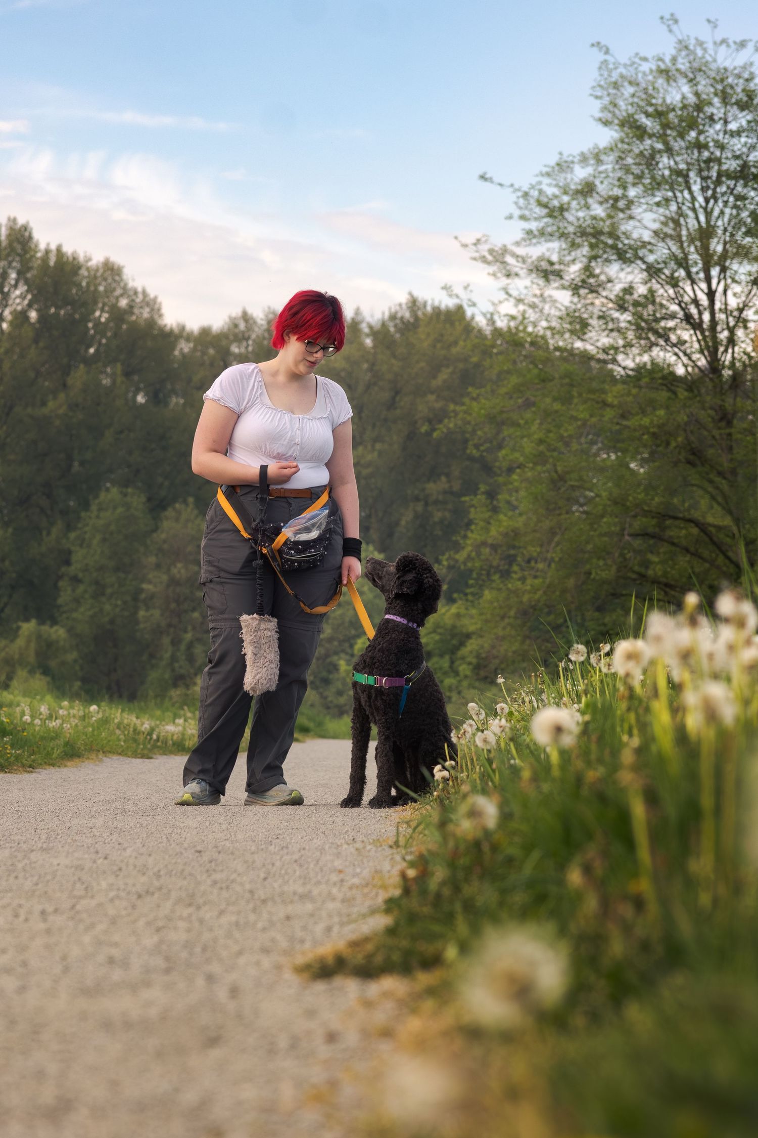 Woman with red hair walking a black poodle on a leash along a scenic path surrounded by wildflowers.