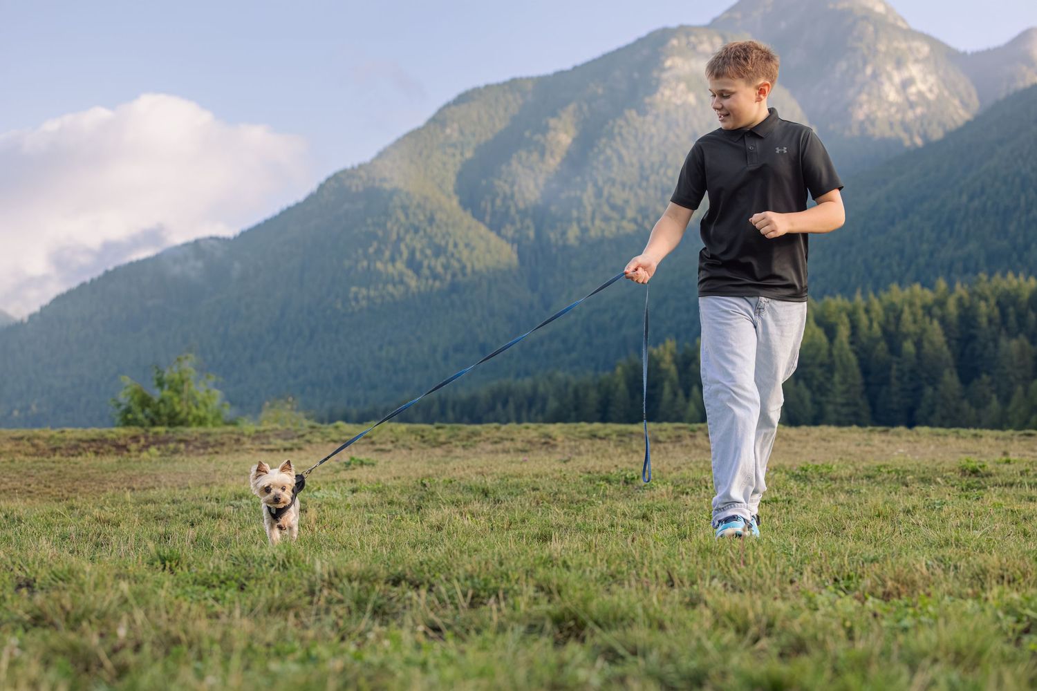 A young man walks his dog on a leash across a green meadow with majestic mountain scenery in the background.