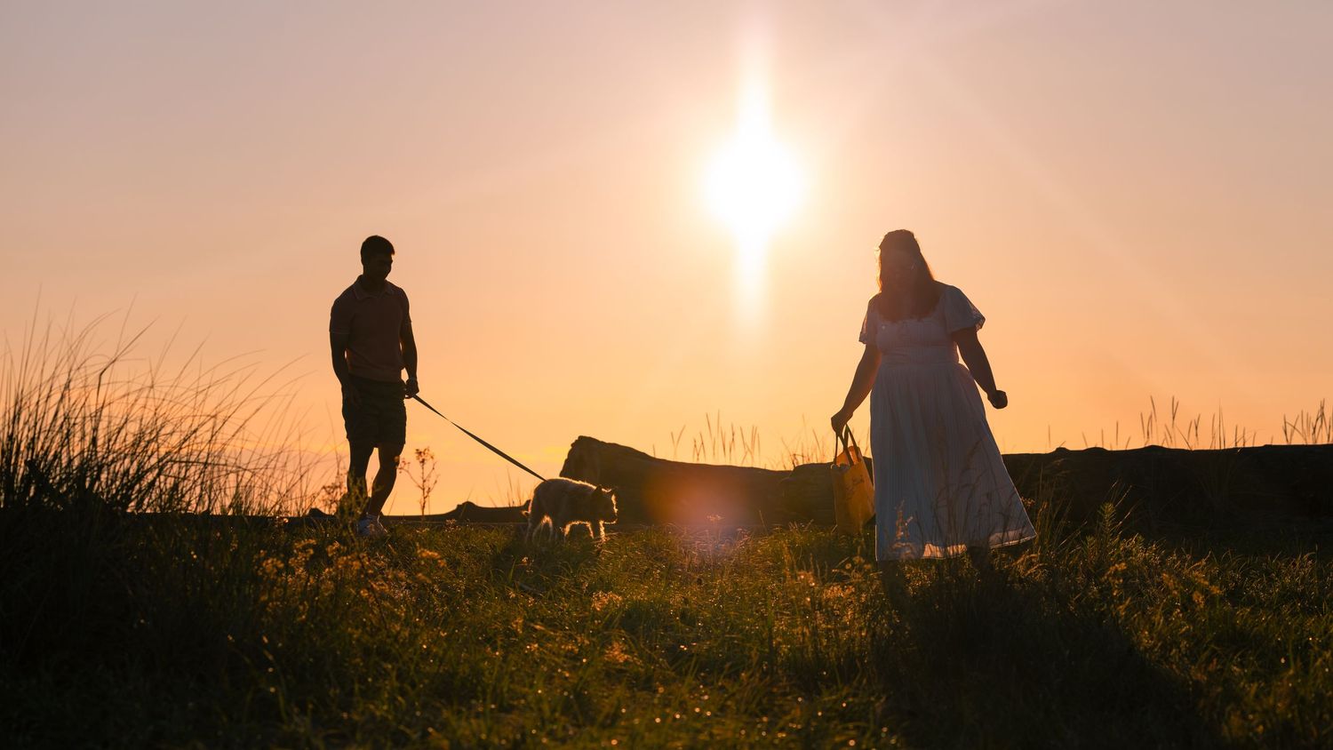 Couple walking dog at golden sunset in a field, silhouetted against warm orange sky.