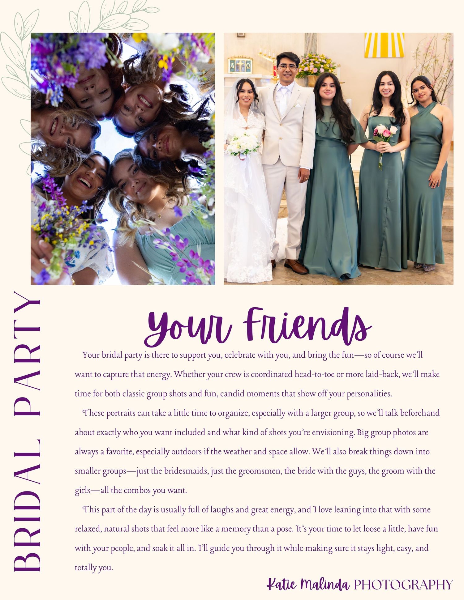 Two side-by-side wedding photos showing joyful moments with friends in a colorful garden setting and formal sage green dresses.