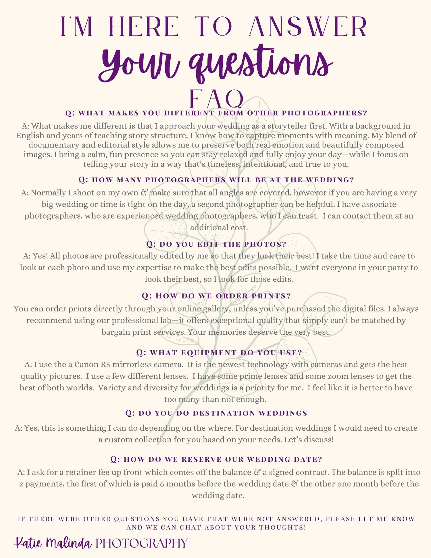 A purple and pink wedding photography FAQ page with questions and answers displayed in elegant typography and fonts.