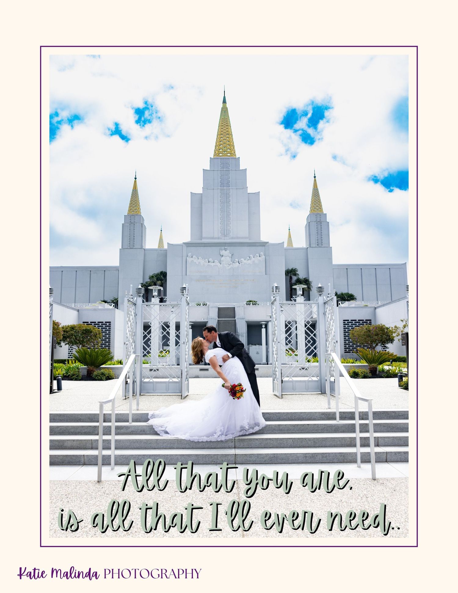 Three romantic photos featuring a couple in white clothing posing at steps near a grand white religious building.