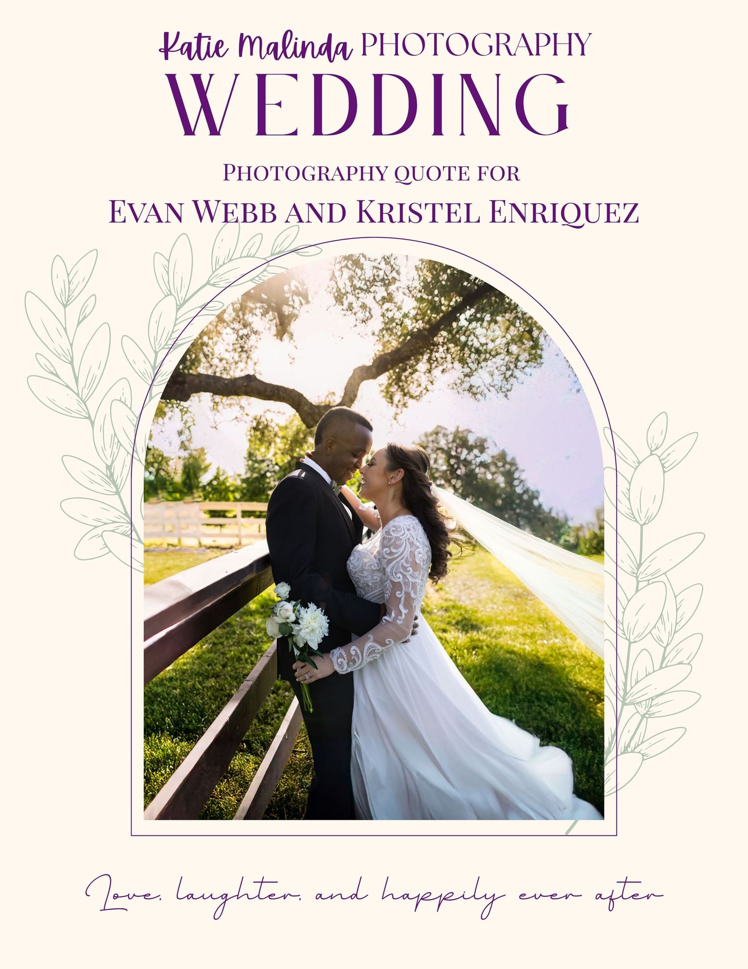 Wedding photography pricing brochure layout with purple floral borders and sample photos showing a couple in a garden setting.