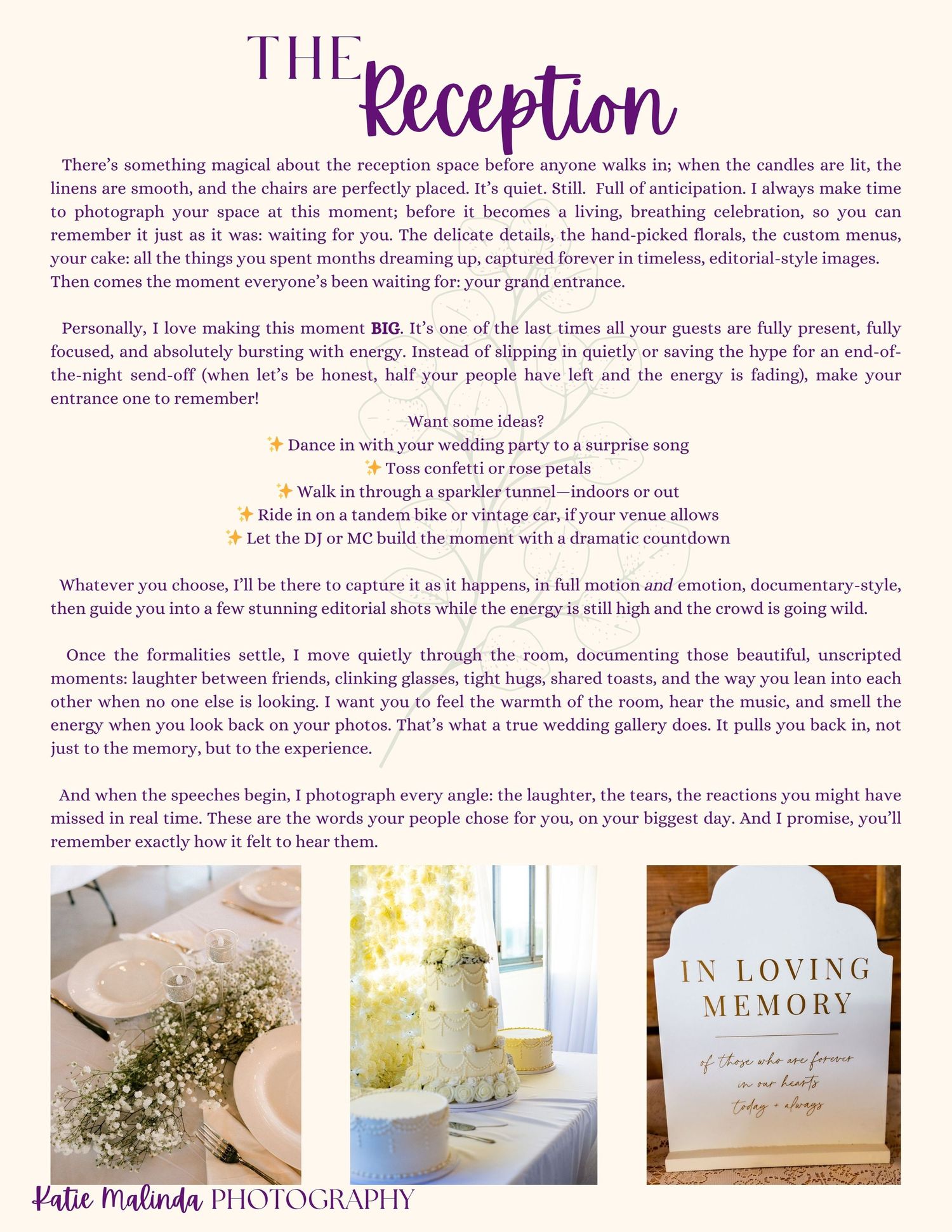 A vintage-styled wedding photography business brochure page featuring elegant text layout and a soft blush color palette.