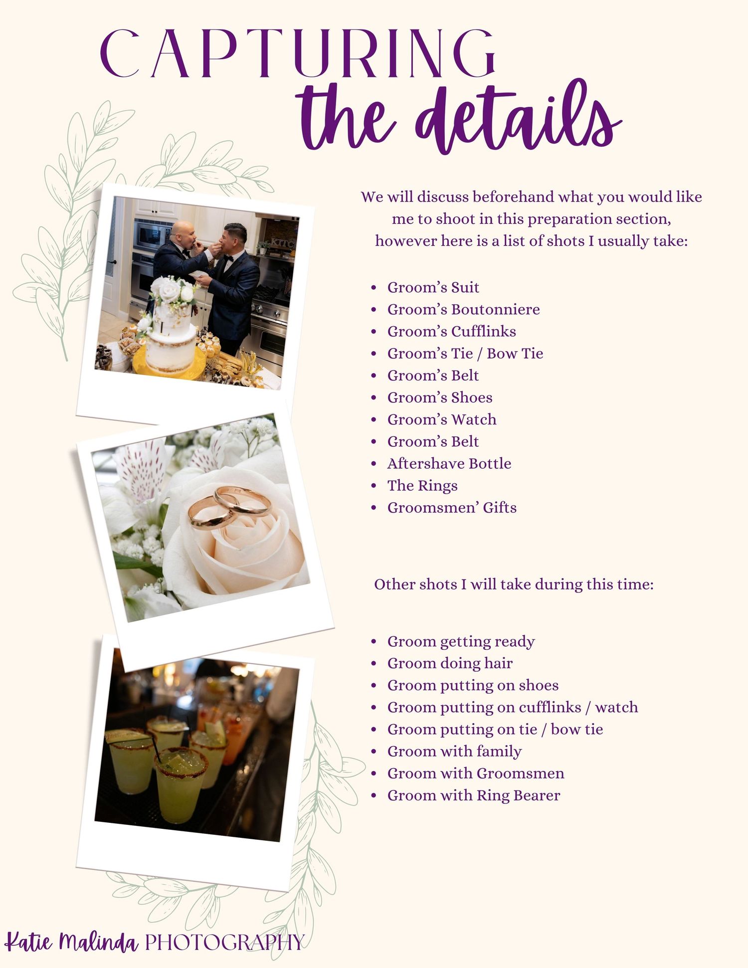 Wedding photography service menu with bullet points and sample photos showcasing various moments like toast and ring details.