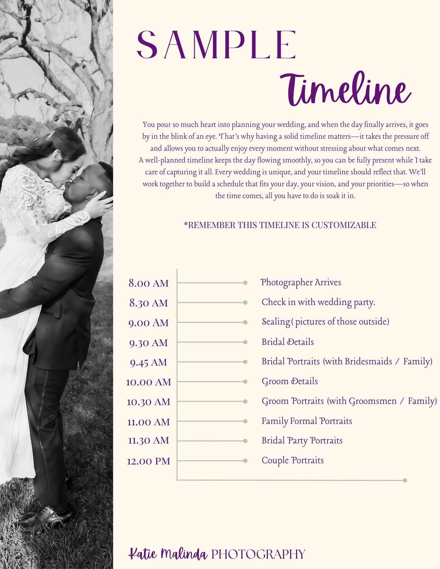 Purple and black wedding day timeline schedule template with hour blocks and a black and white photo on the left side.