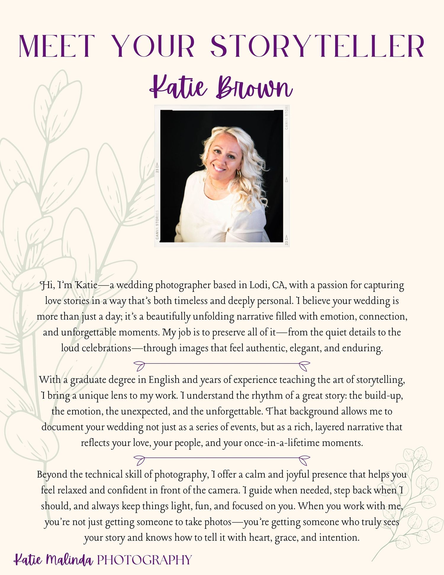 Meet Your Storyteller page featuring a decorative header and elegant text layout with floral design elements.