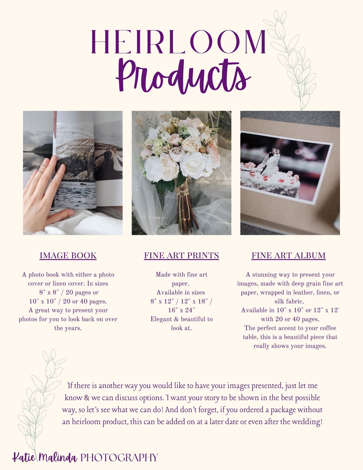 A wedding photography products menu showing three options: image book, fine art prints, and fine art album with sample photos.