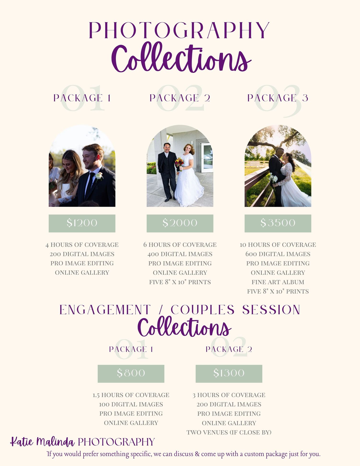 Photography pricing guide showcasing engagement and couples session packages with muted green and purple color scheme.