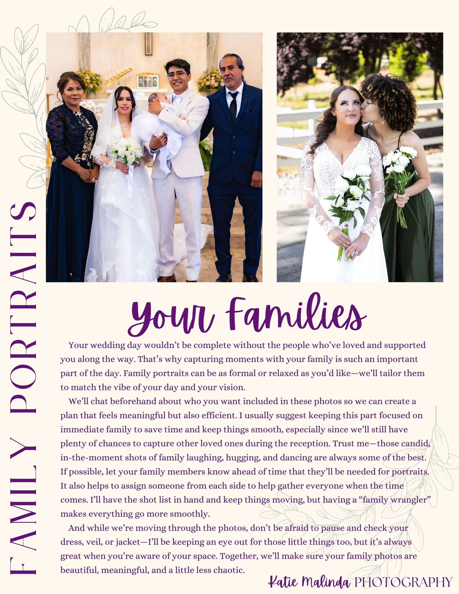 A wedding page layout featuring two photos of wedding celebrations with text about families in purple lettering.