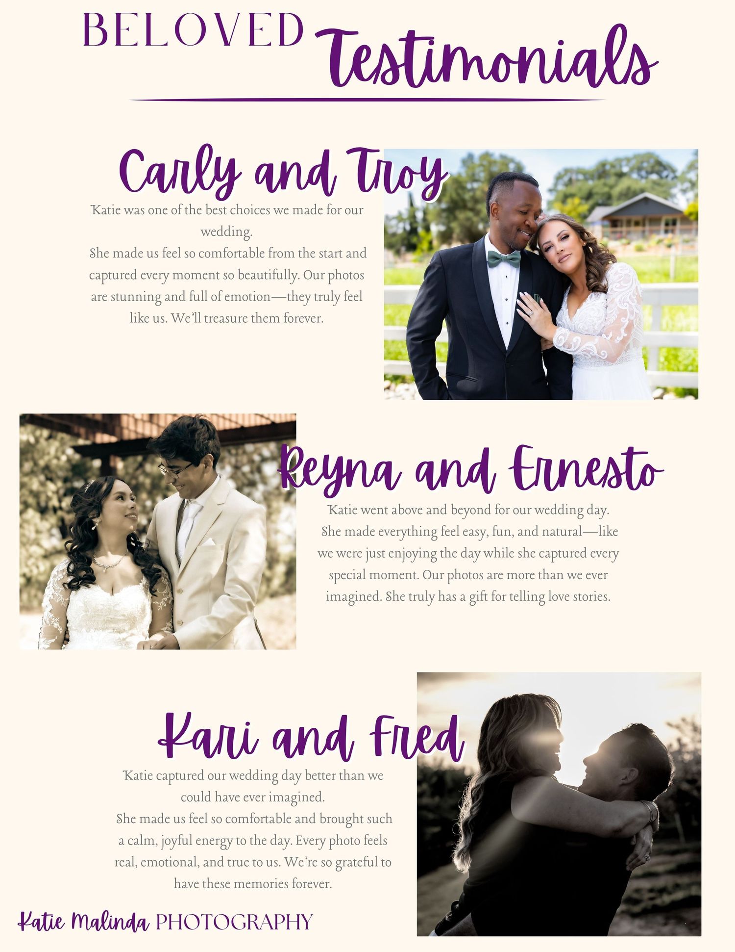 Collage of romantic wedding photographs with text overlays in elegant purple script featuring couples in natural outdoor settings.