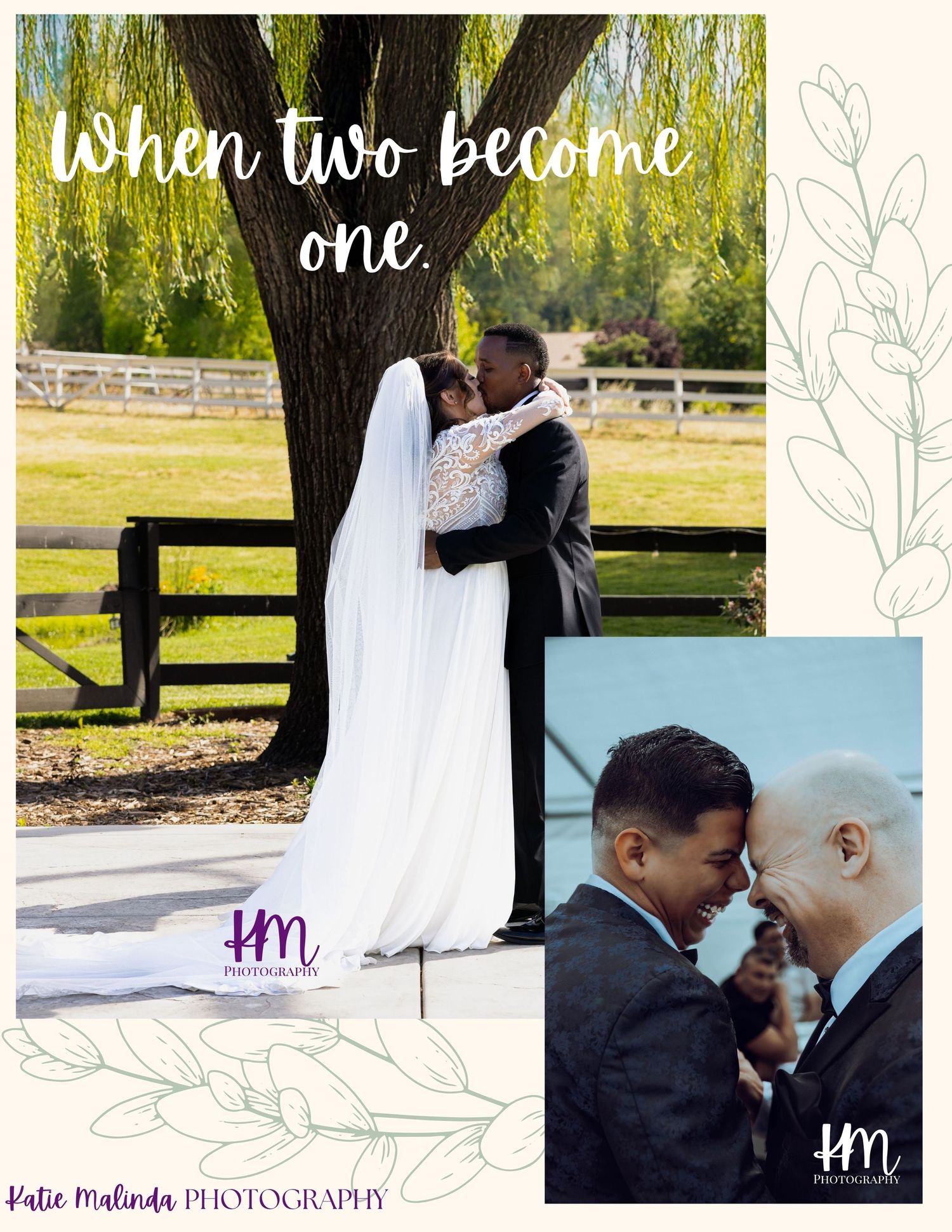 A collection of romantic wedding photos showing couples in intimate moments outdoors with sunlit greenery and gardens.