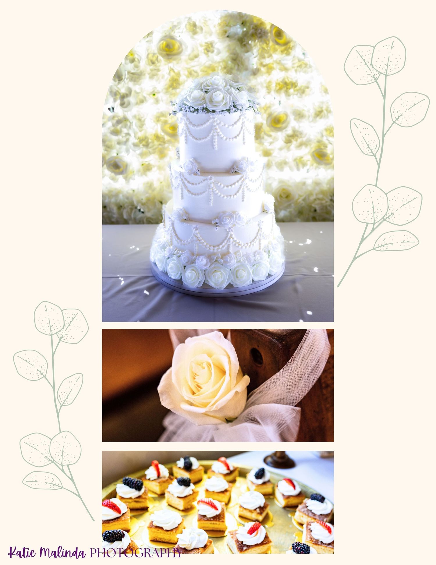 A three-tier white wedding cake with delicate floral decorations stands beside cupcakes and desserts on a table.