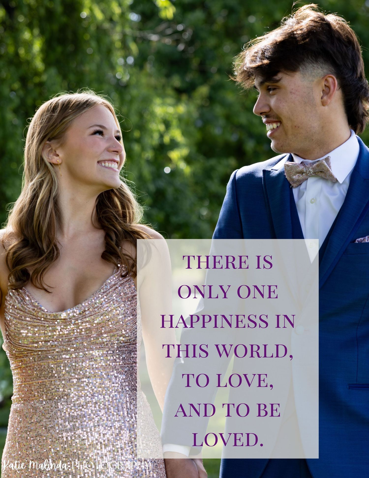 A couple in wedding attire share a joyful moment outdoors with a romantic quote about love and happiness overlaid.