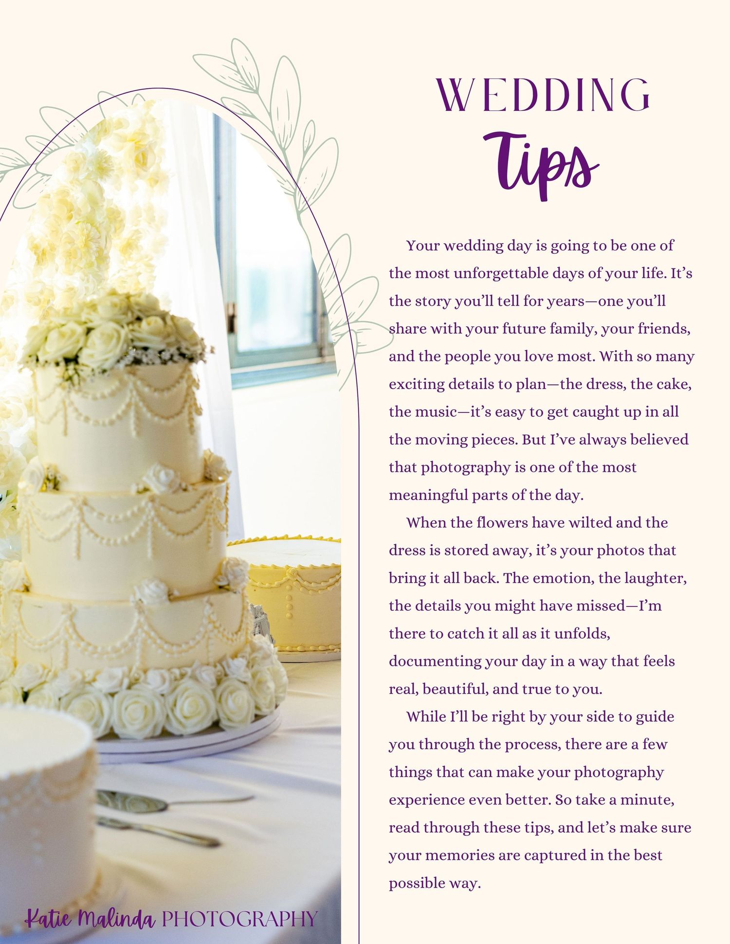 Elegant white wedding cake decorated with roses sits on a table beside wedding planning tips text in purple lettering.