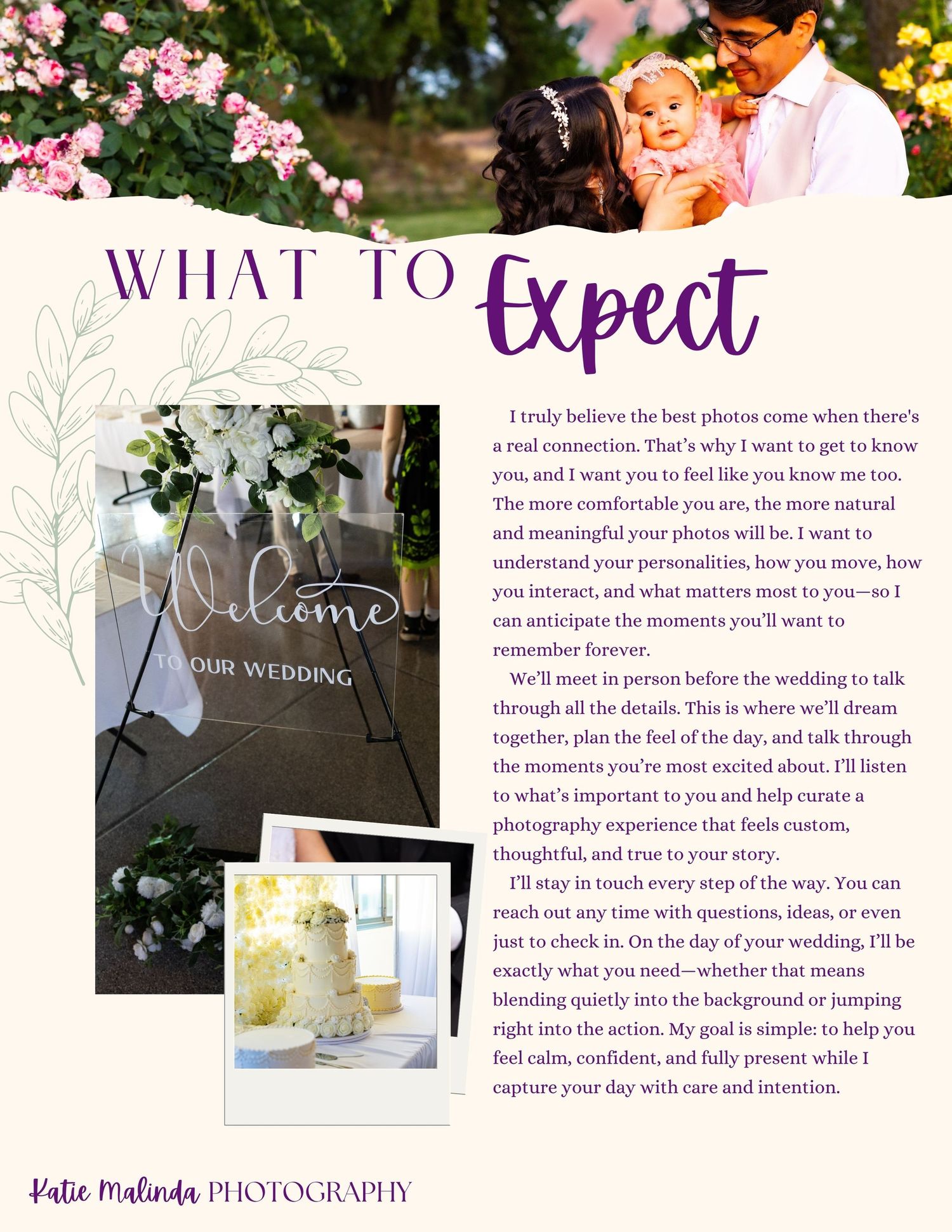 A wedding planning magazine page with floral decorations, text layout and professional photography samples arranged elegantly.