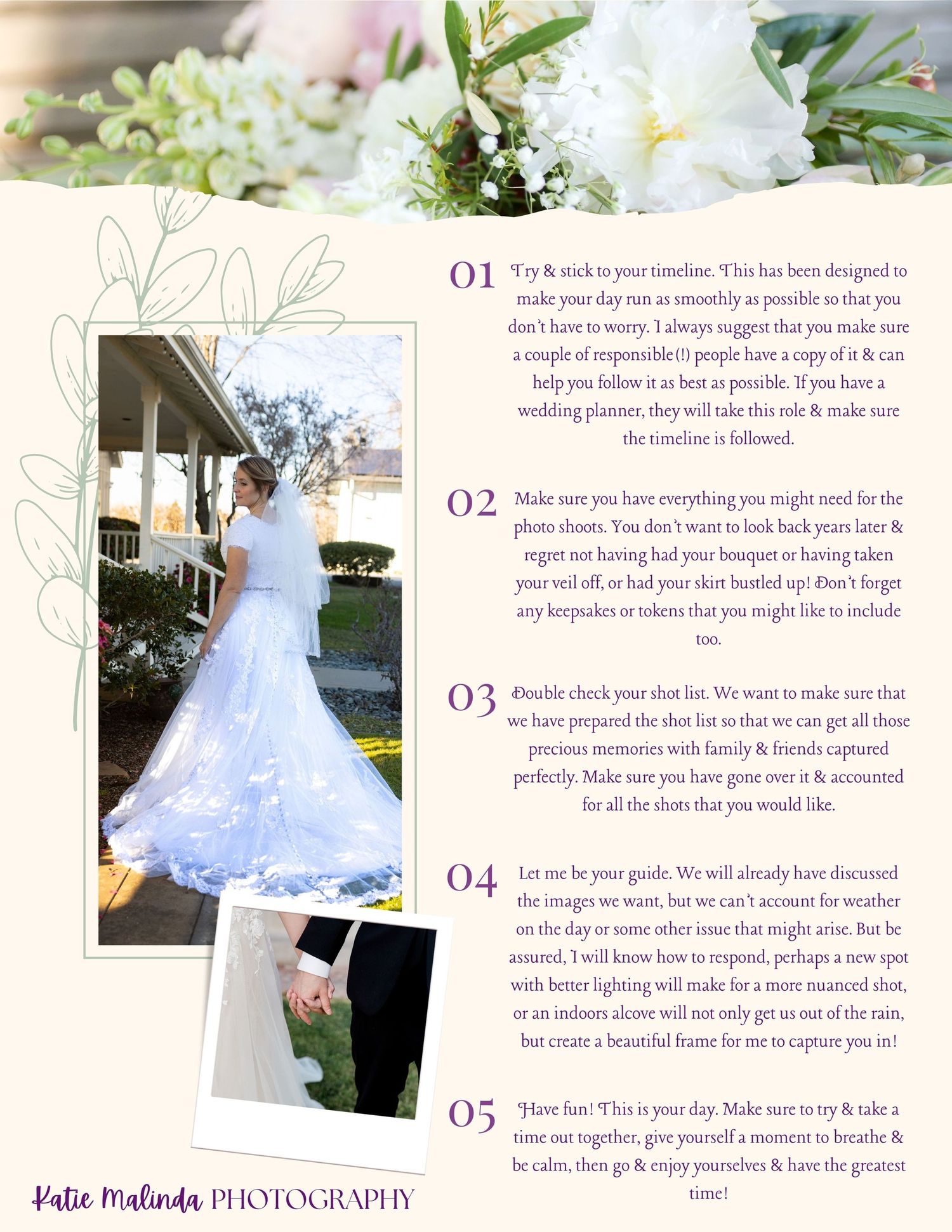 A brochure layout showing multiple images of a wedding dress and photography details with pink and purple design elements.