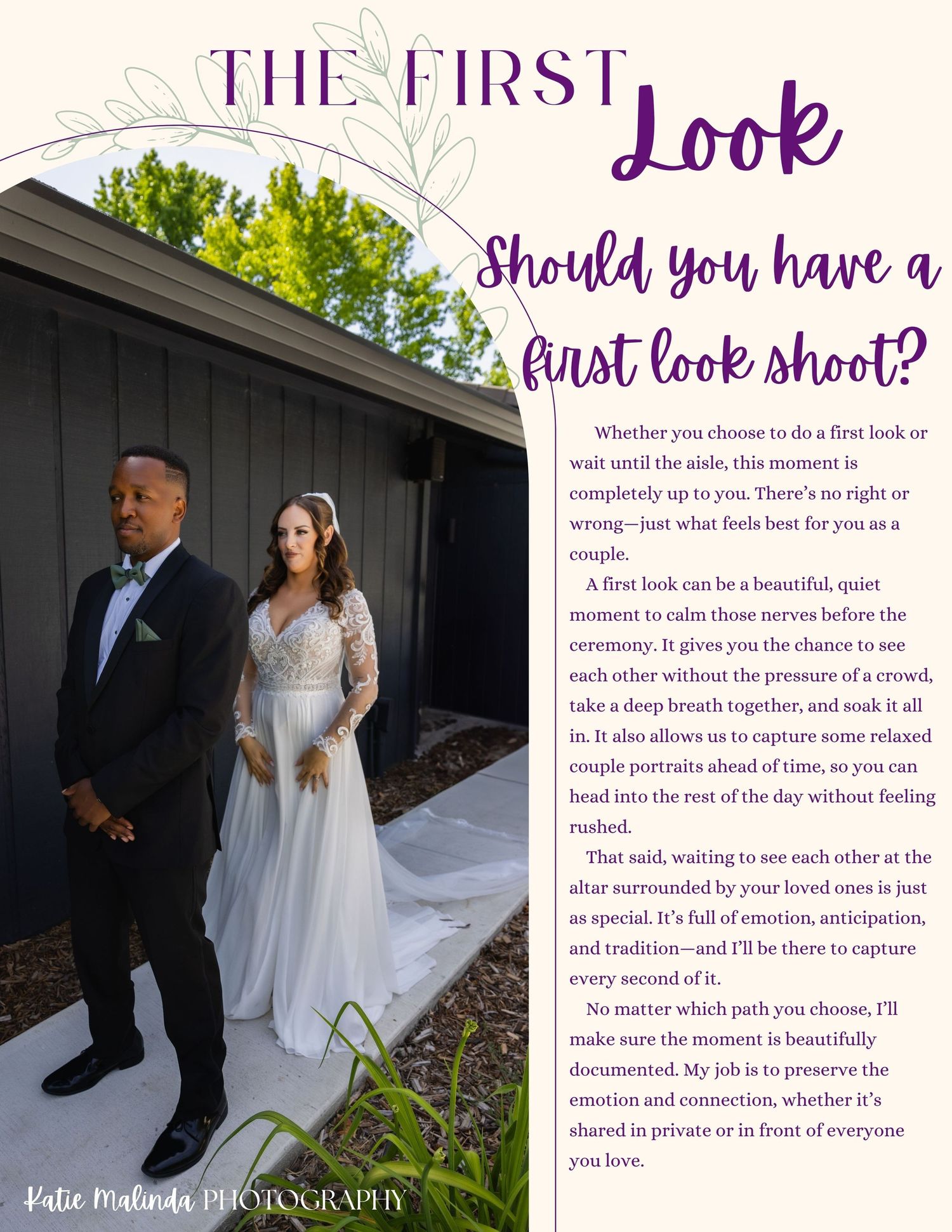 A wedding photography article page showcases a first look photo and text discussing whether couples should have a first look.