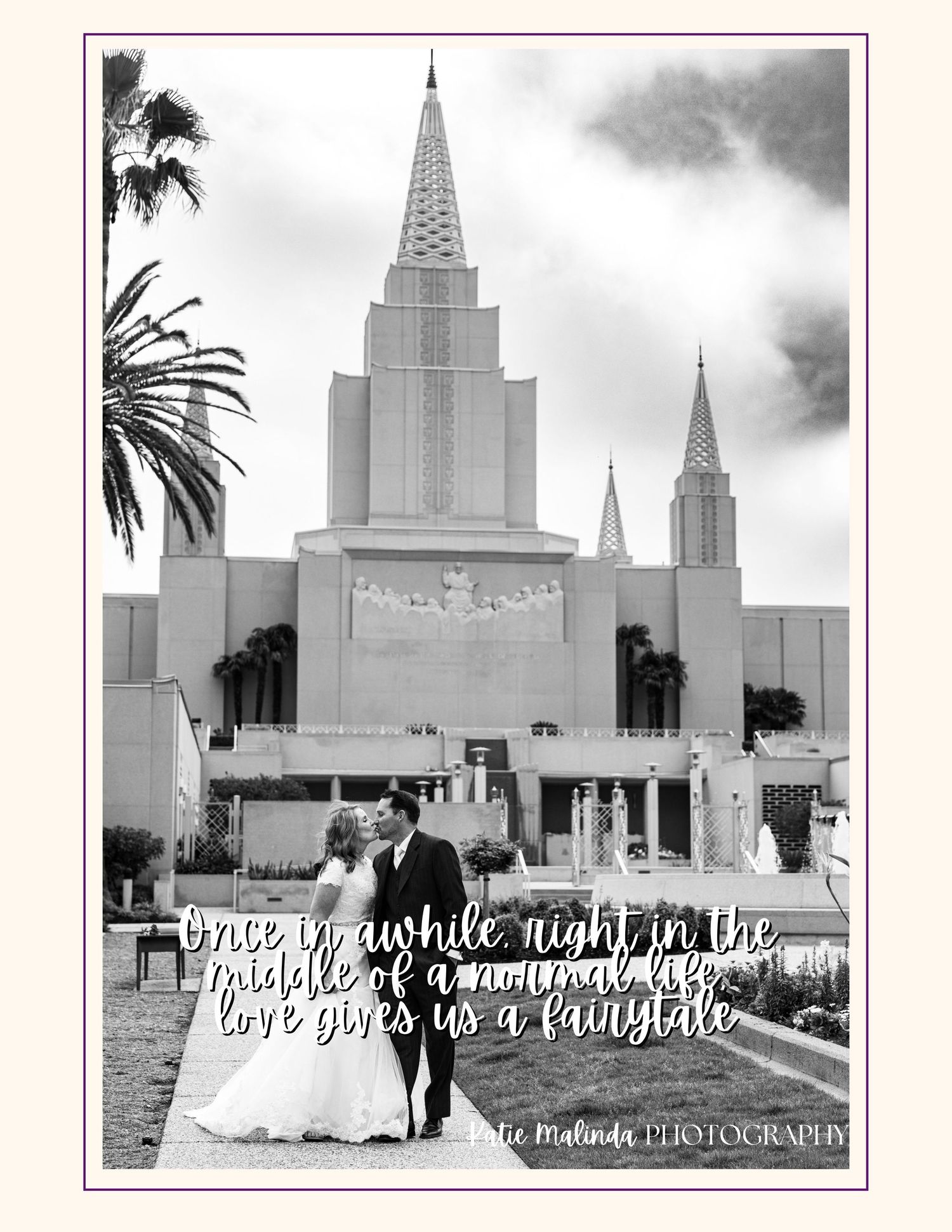Three black and white photos of Oakland California Temple wedding ceremony with palm trees in the background.