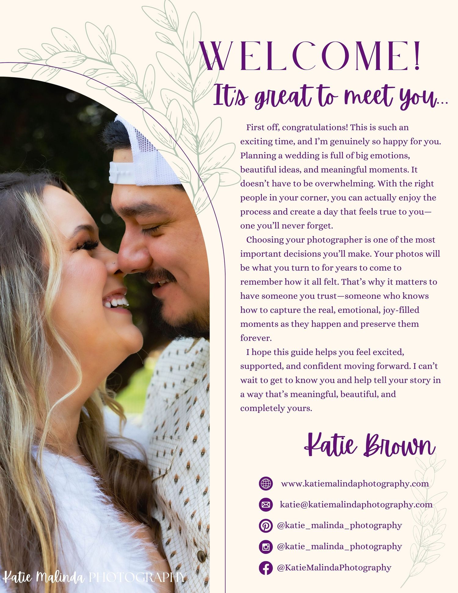 Professional photography website welcome page design with purple text and floral illustrations.