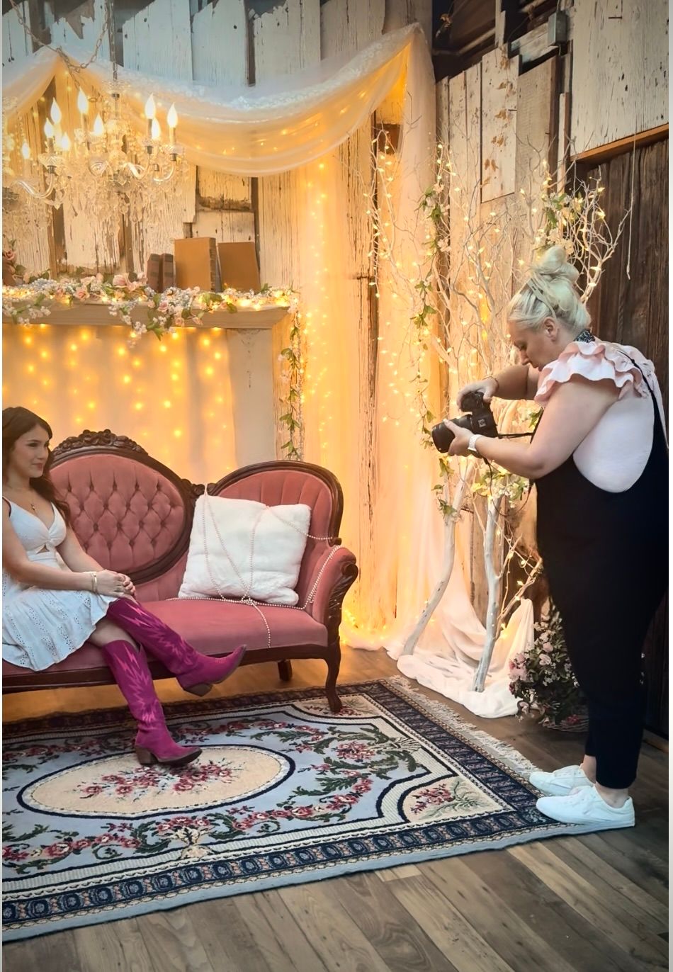 A series of photos showing someone falling backwards onto a vintage pink chaise lounge in a room decorated with lights and fabric.