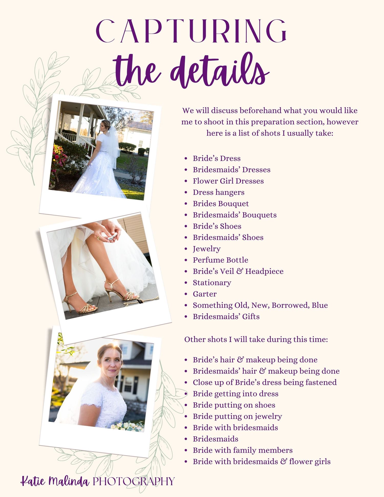 Wedding planning checklist showing details to photograph including dress, shoes, and bouquet with purple text on cream background.