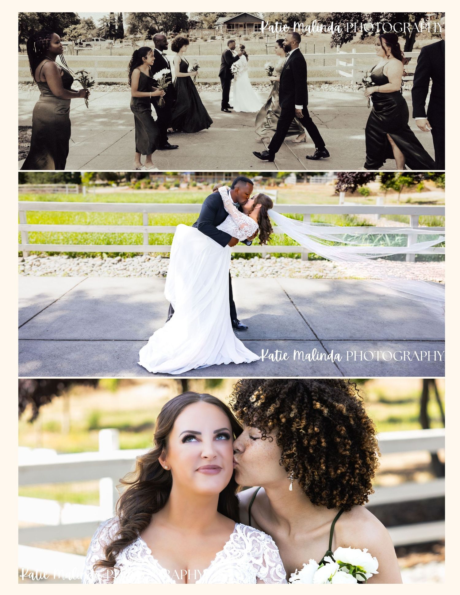 Three wedding photos showing a couple during their ceremony and romantic dips and kisses in an outdoor setting.