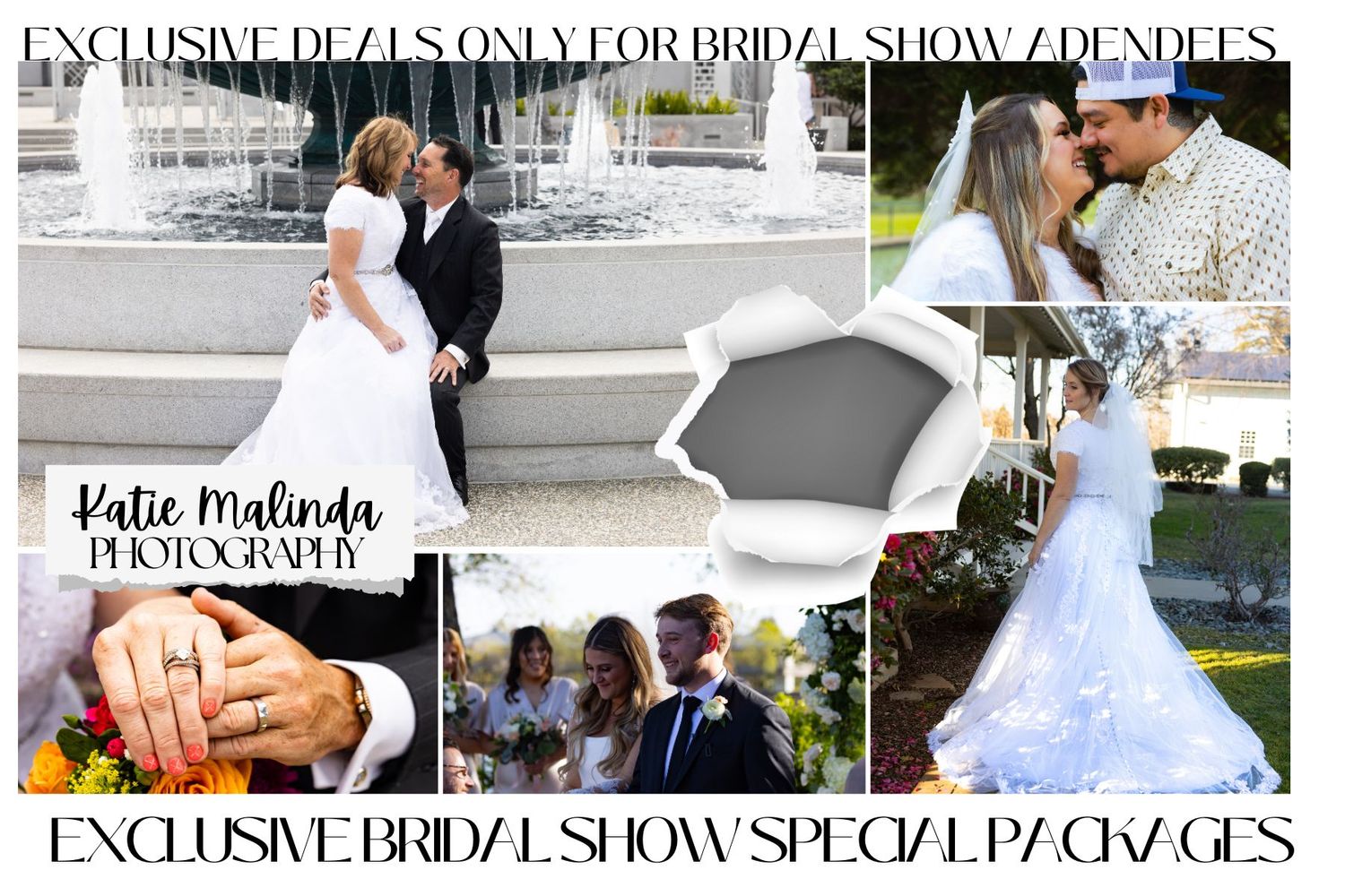 A wedding photo collage featuring various ceremony moments and couple portraits.