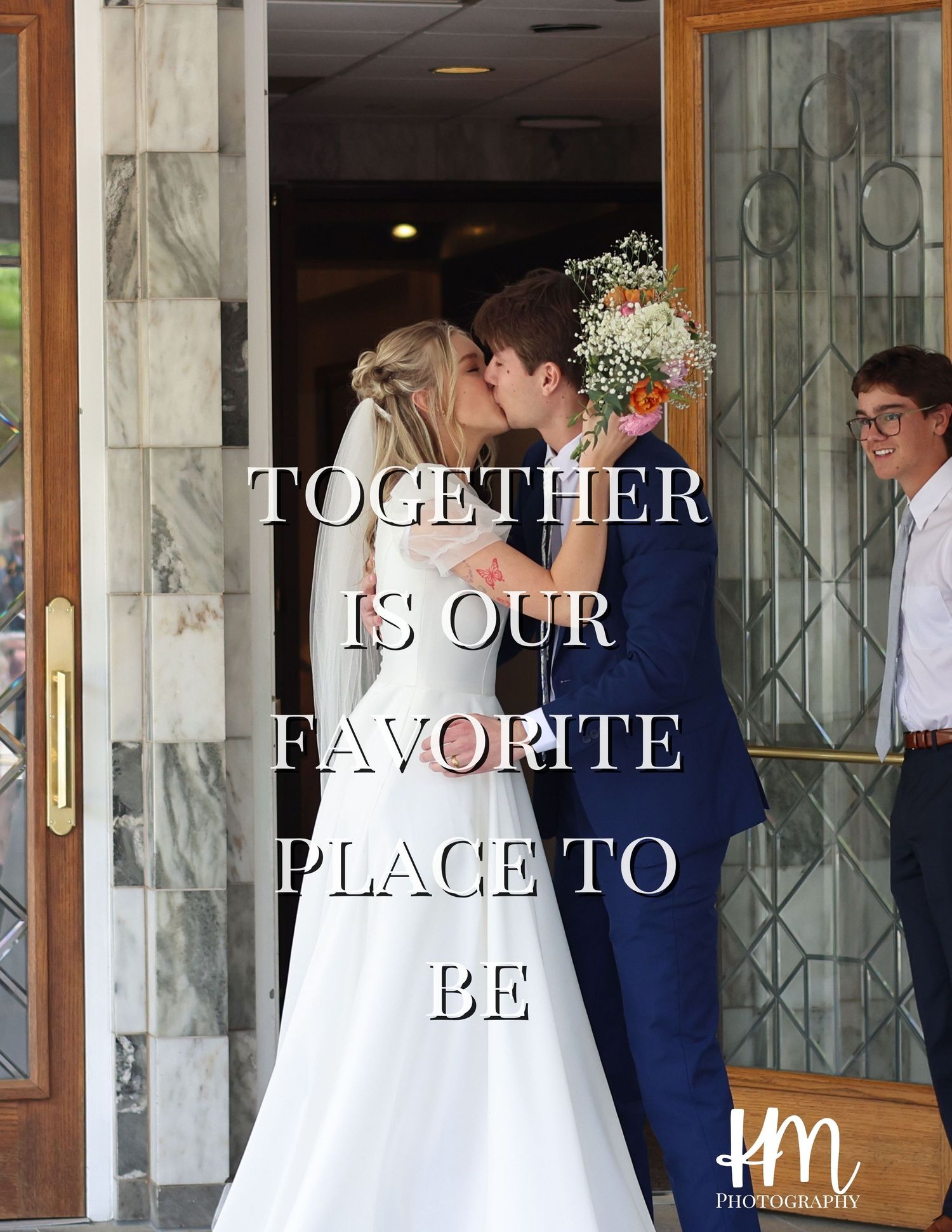 A romantic wedding photo of a couple sharing a tender moment in a church doorway with text overlay about togetherness.