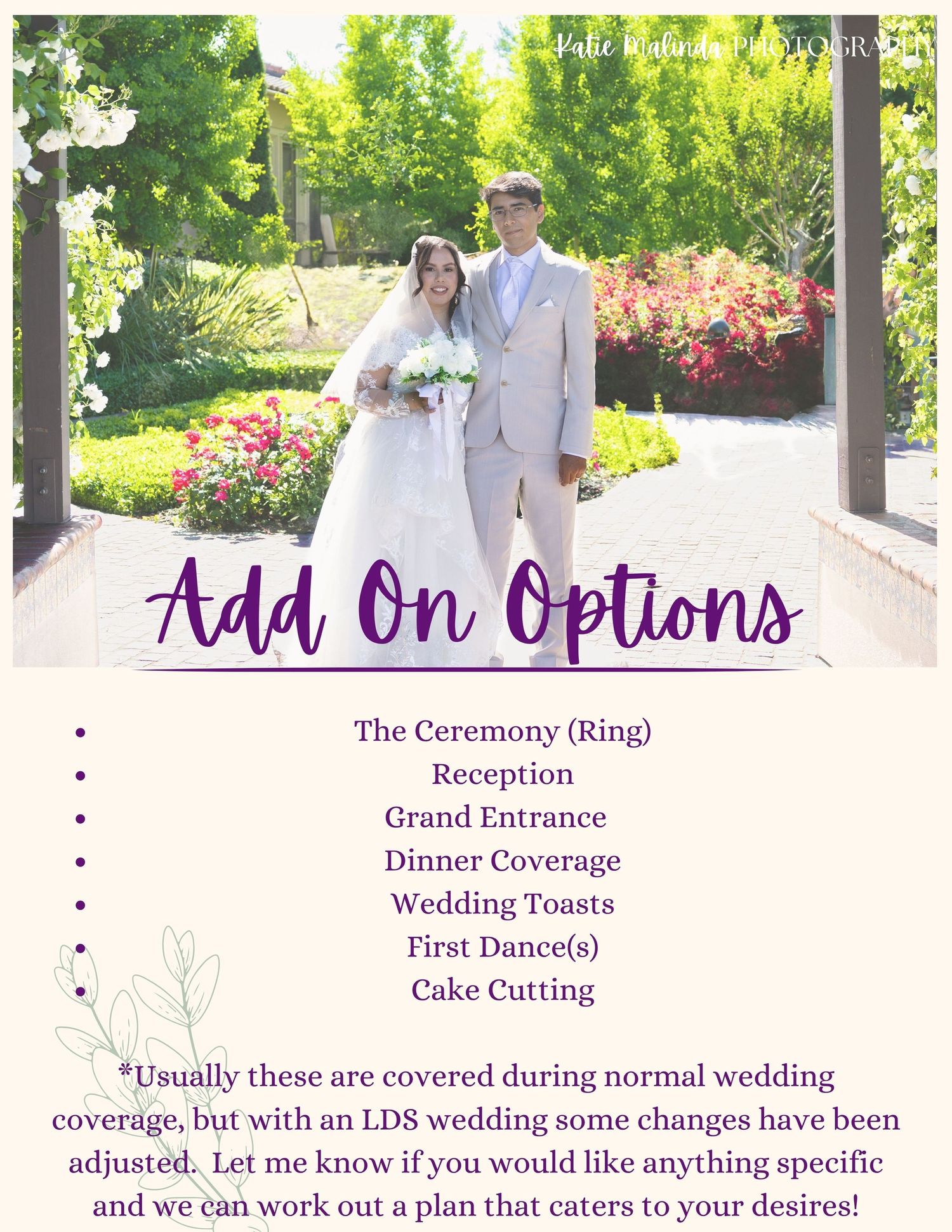 Text overlay displays wedding service options like ceremony, reception, and cake cutting against blurred garden background.