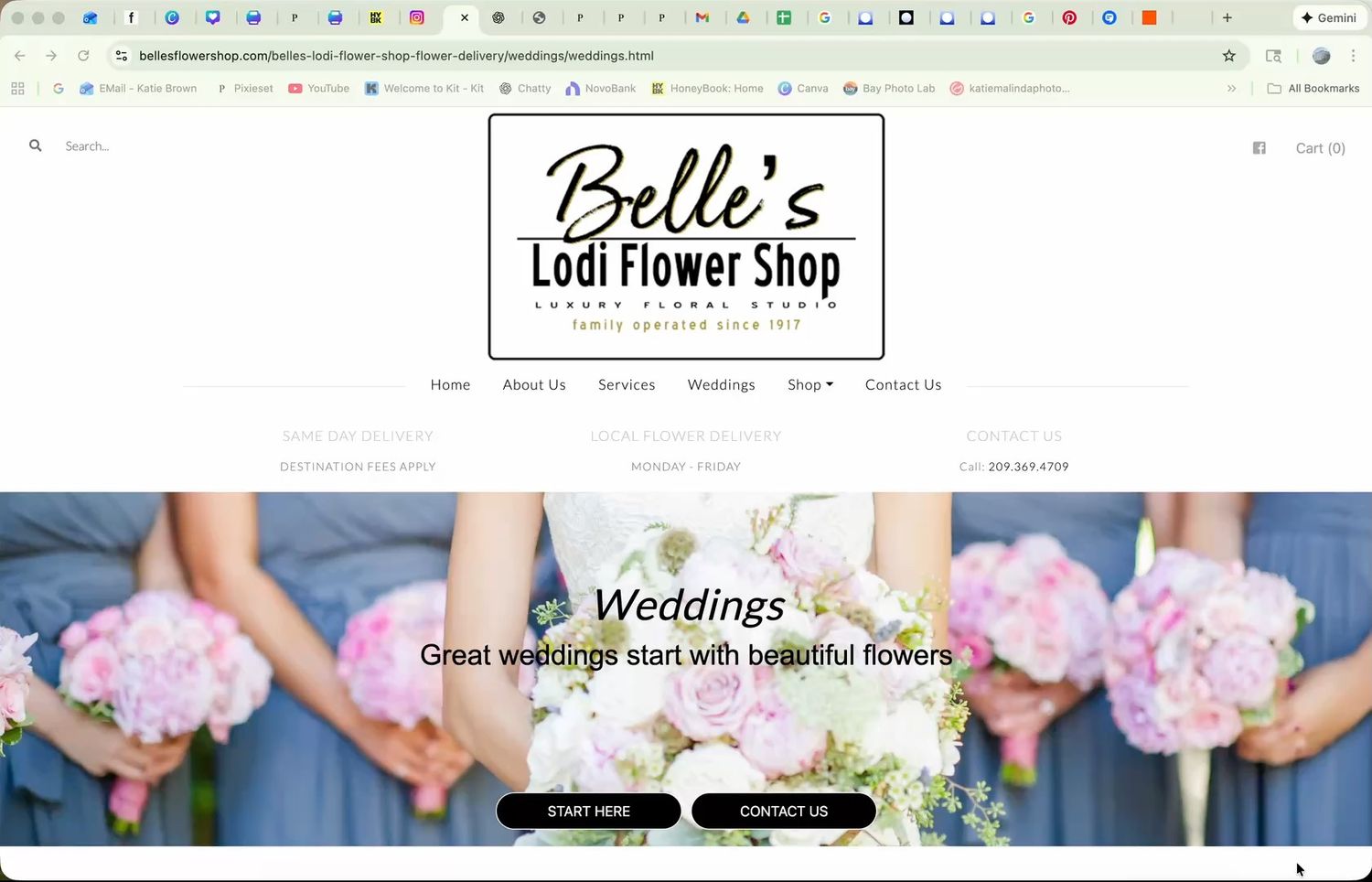 A collage of wedding flower arrangements and bouquets displayed on a website header with soft pastel colors.