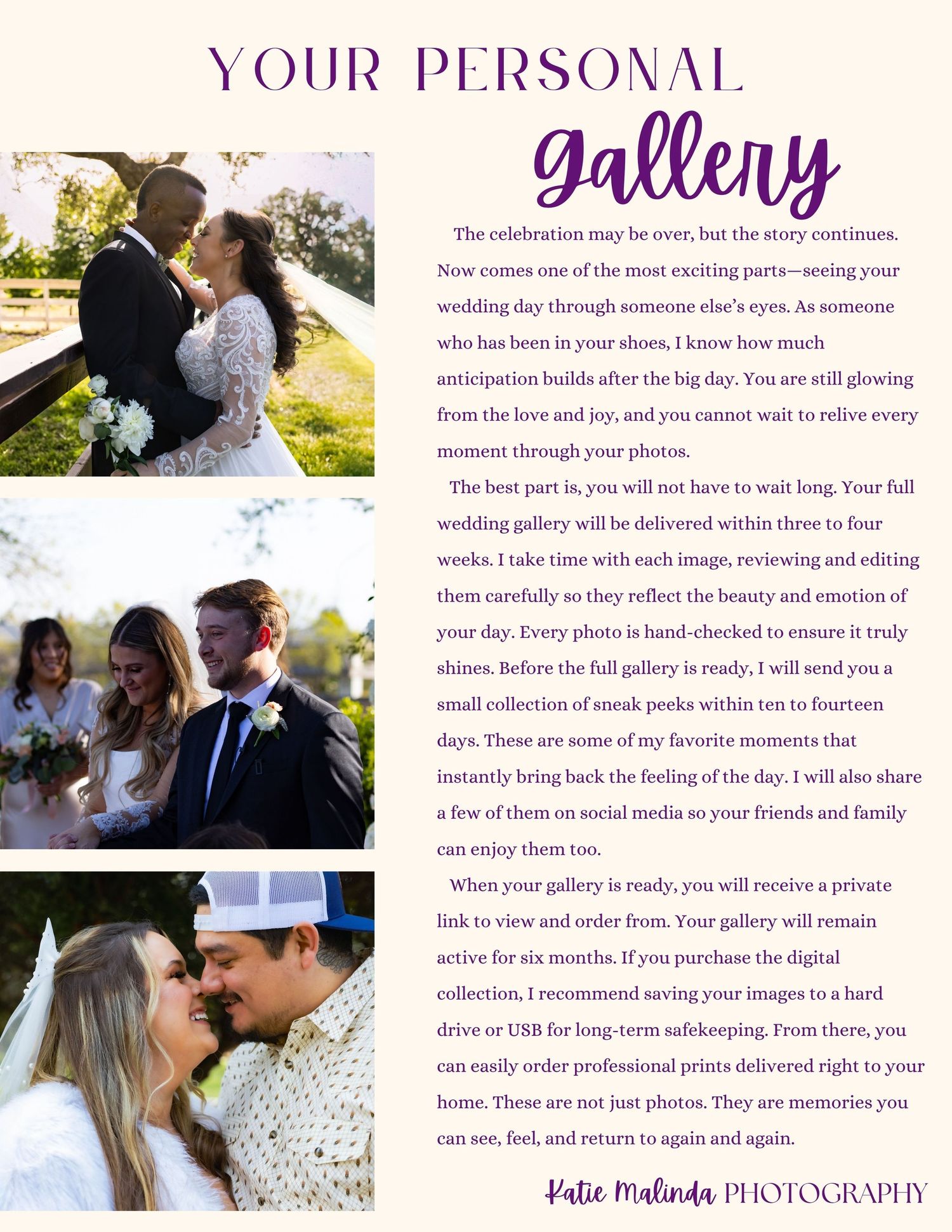 A purple text section titled 'Your Personal Gallery' overlays multiple tinted wedding style photos.