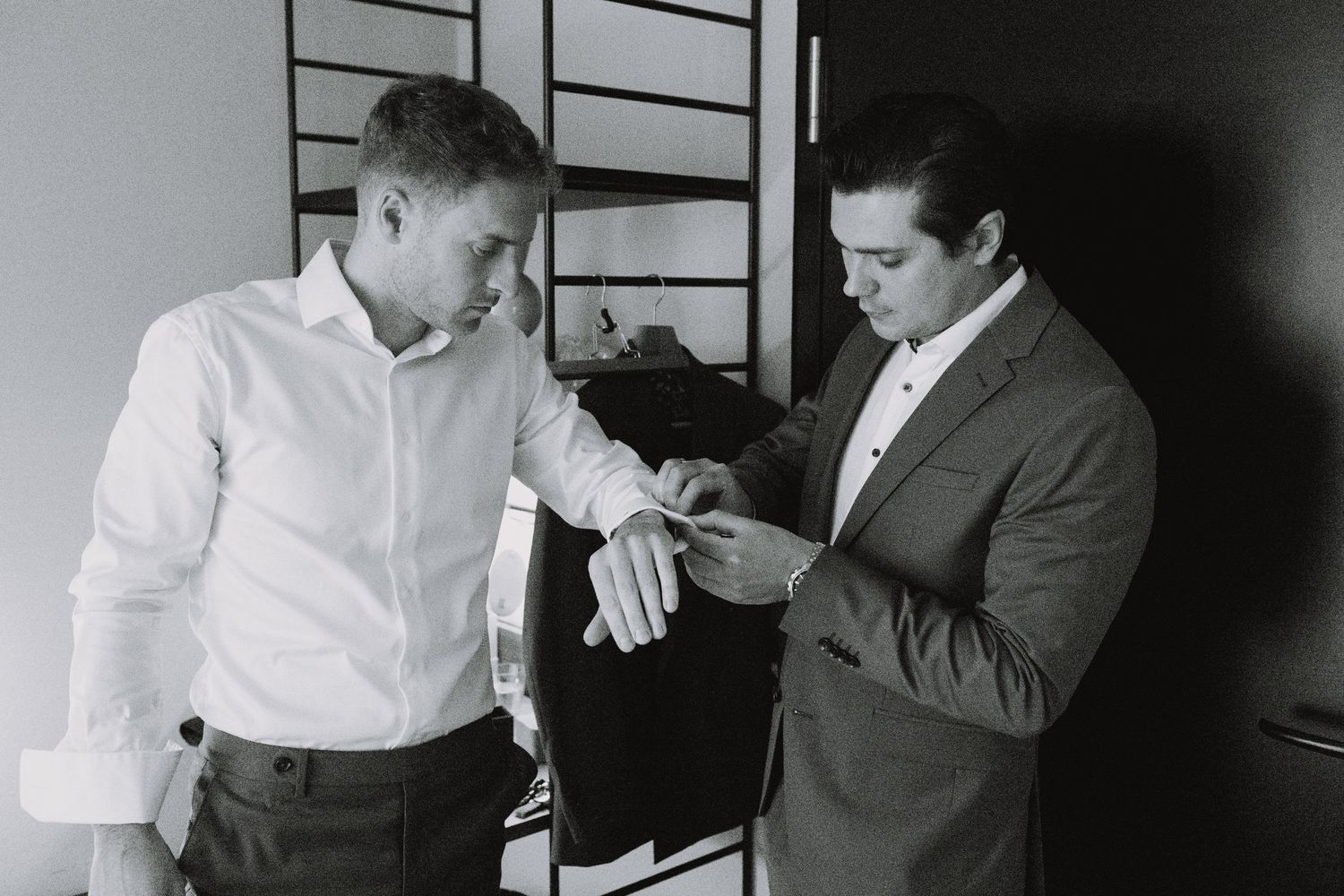 Black and white sequence of formal preparations before a wedding ceremony.