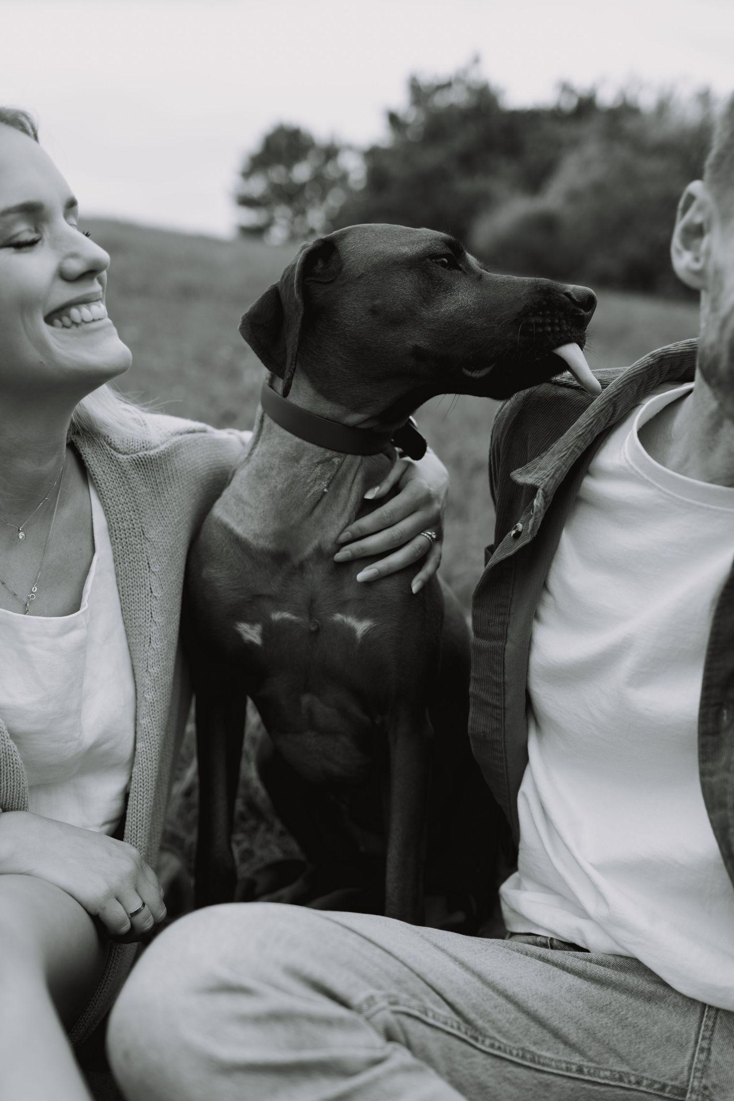 Black and white photo series showing joyful moments between a person in a white shirt and their black dog.