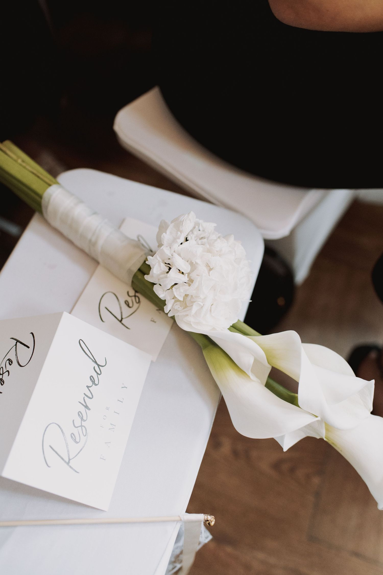 Elegant white place cards with delicate floral accents arranged on a wooden surface.