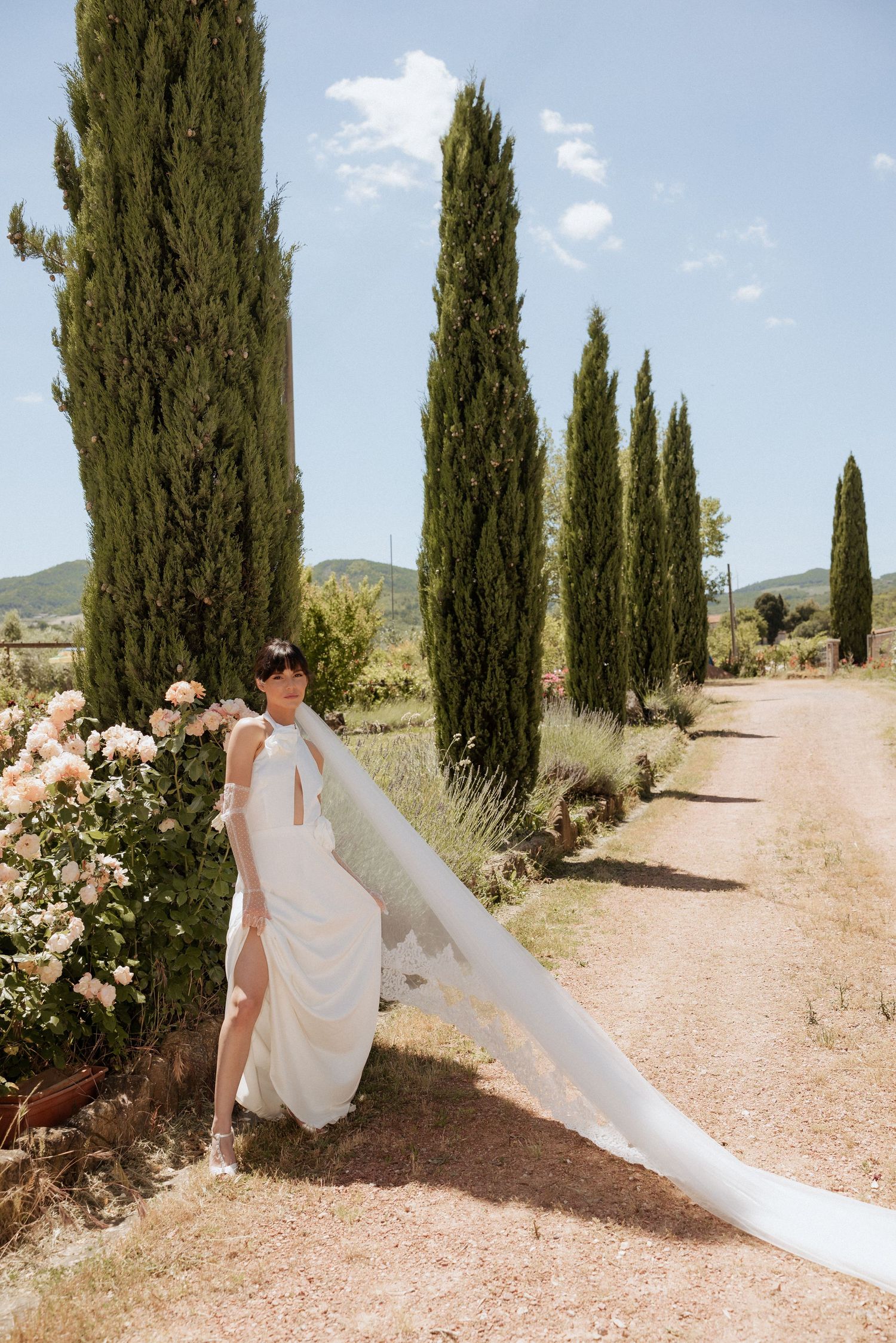 Bride walking down a Tuscan path lined with tall cypress trees, bathed in golden sunlight.