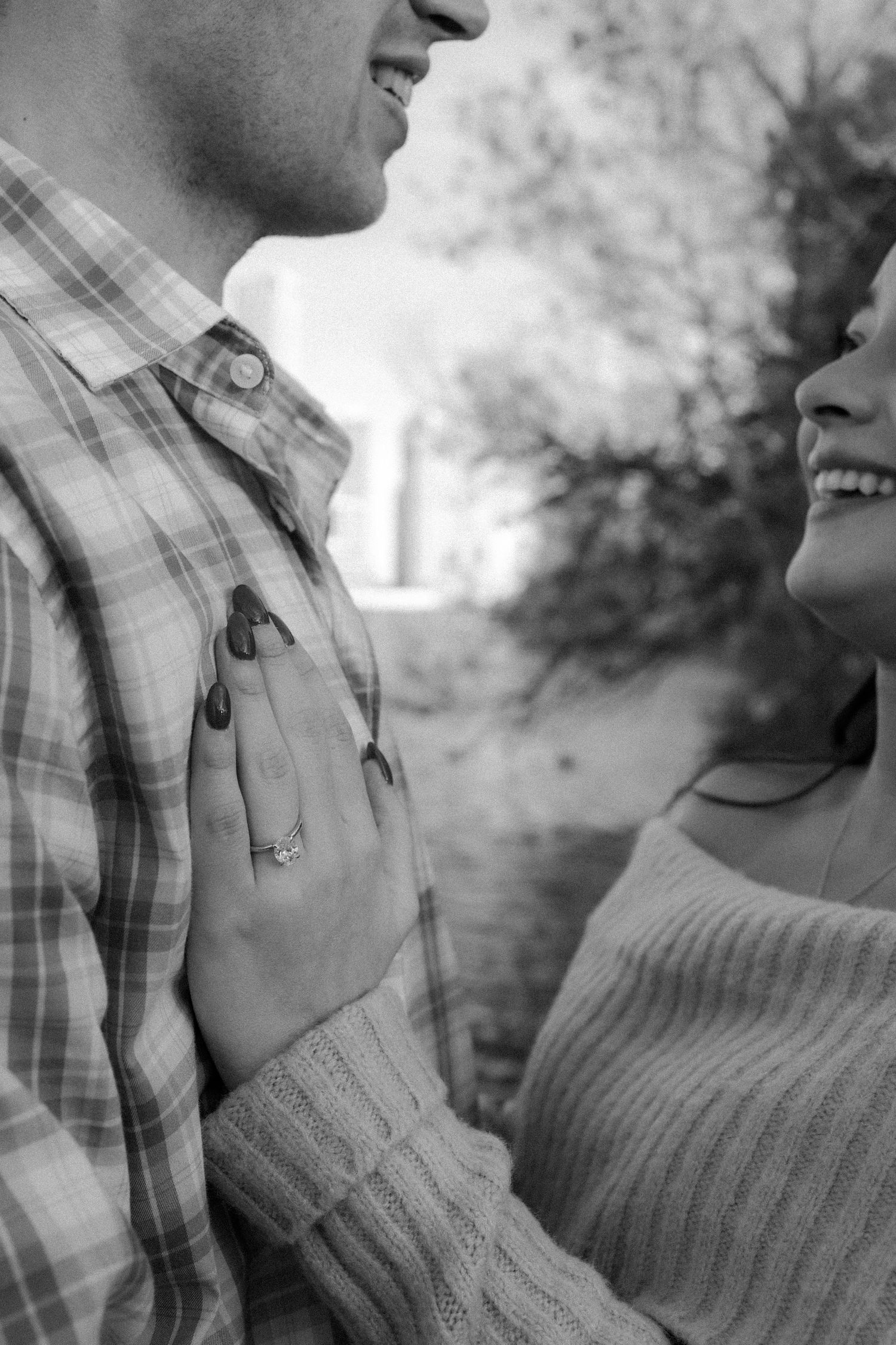 black and white picture detail, hands, engagement ring, proposal, austin, tx