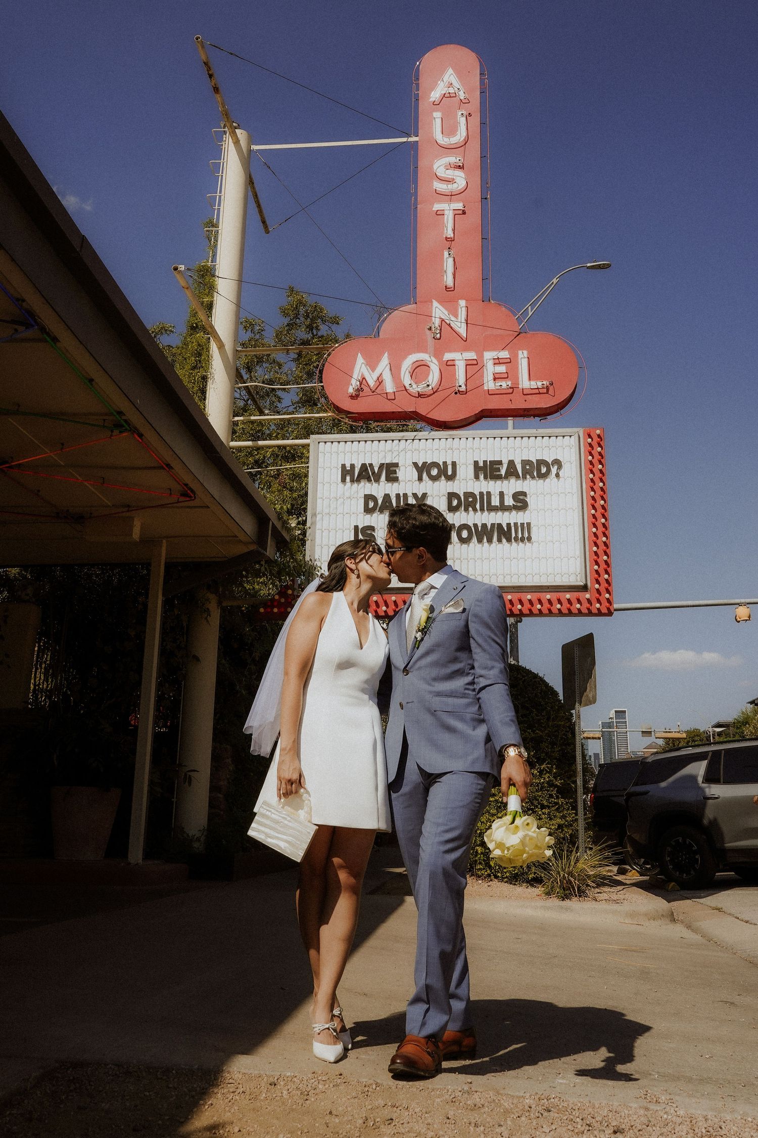 wedding picture at south congress, austin, outside austin motel